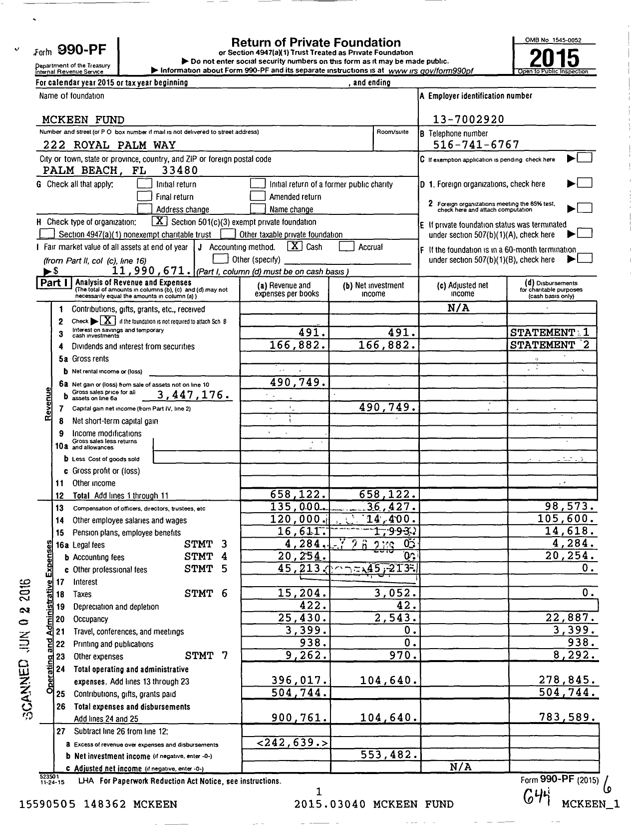 Image of first page of 2015 Form 990PF for Mckeen Fund