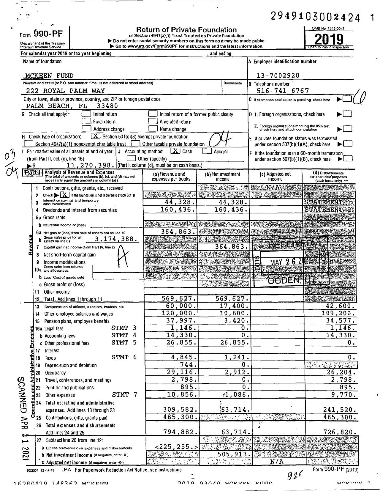 Image of first page of 2019 Form 990PF for Mckeen Fund