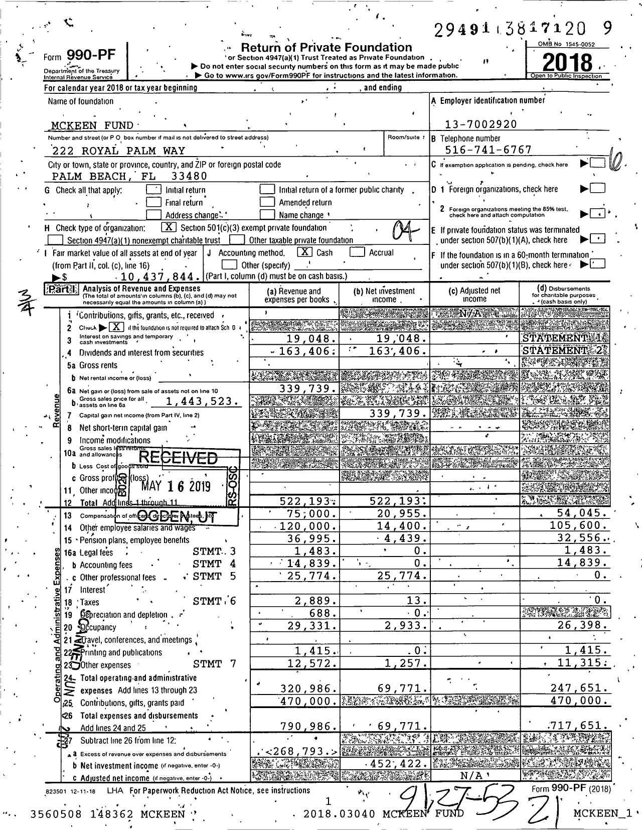 Image of first page of 2018 Form 990PF for Mckeen Fund