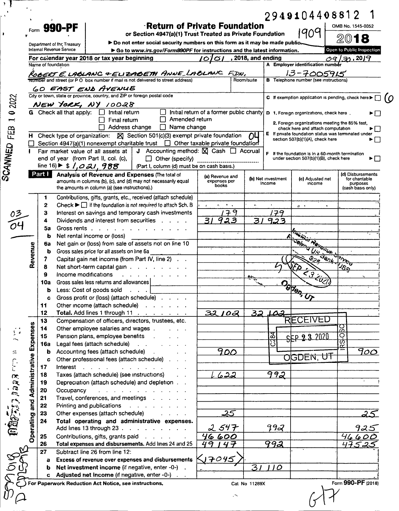 Image of first page of 2018 Form 990PF for Robert E Lablanc and Elizabeth Anne Lablanc Foundation