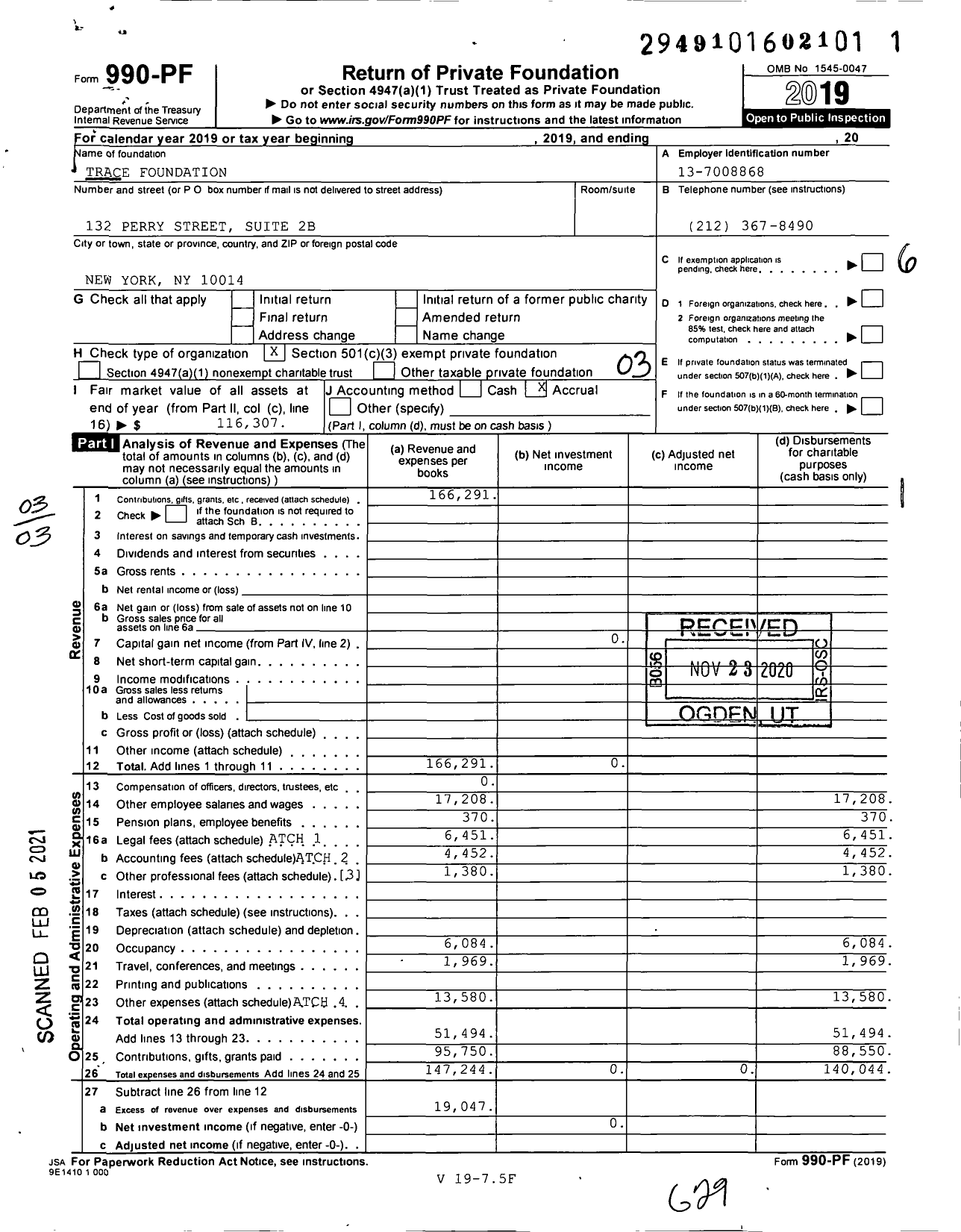 Image of first page of 2019 Form 990PF for Trace Foundation / Soros Andrea Ttee