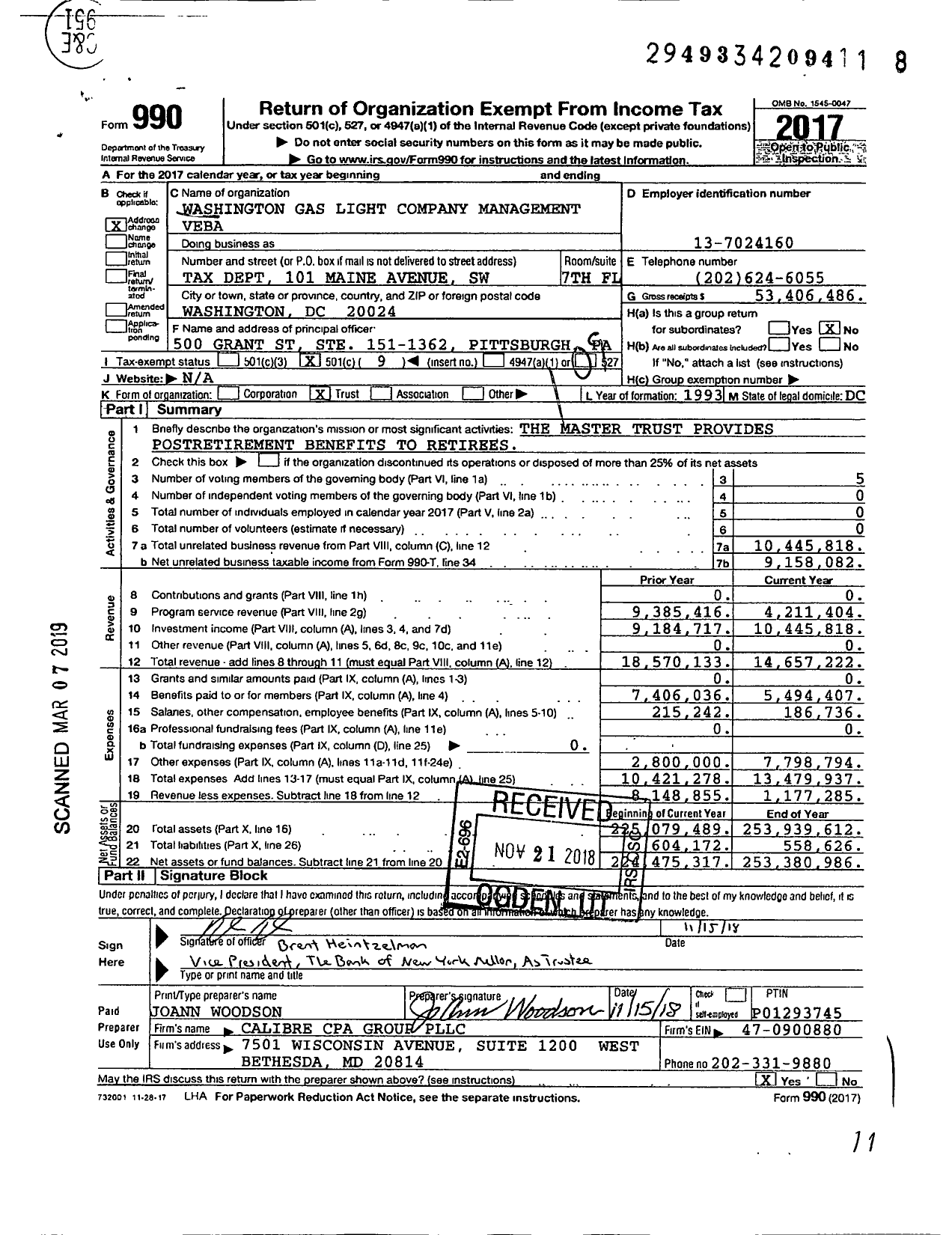 Image of first page of 2017 Form 990O for Washington Gas Light Company Management Veba