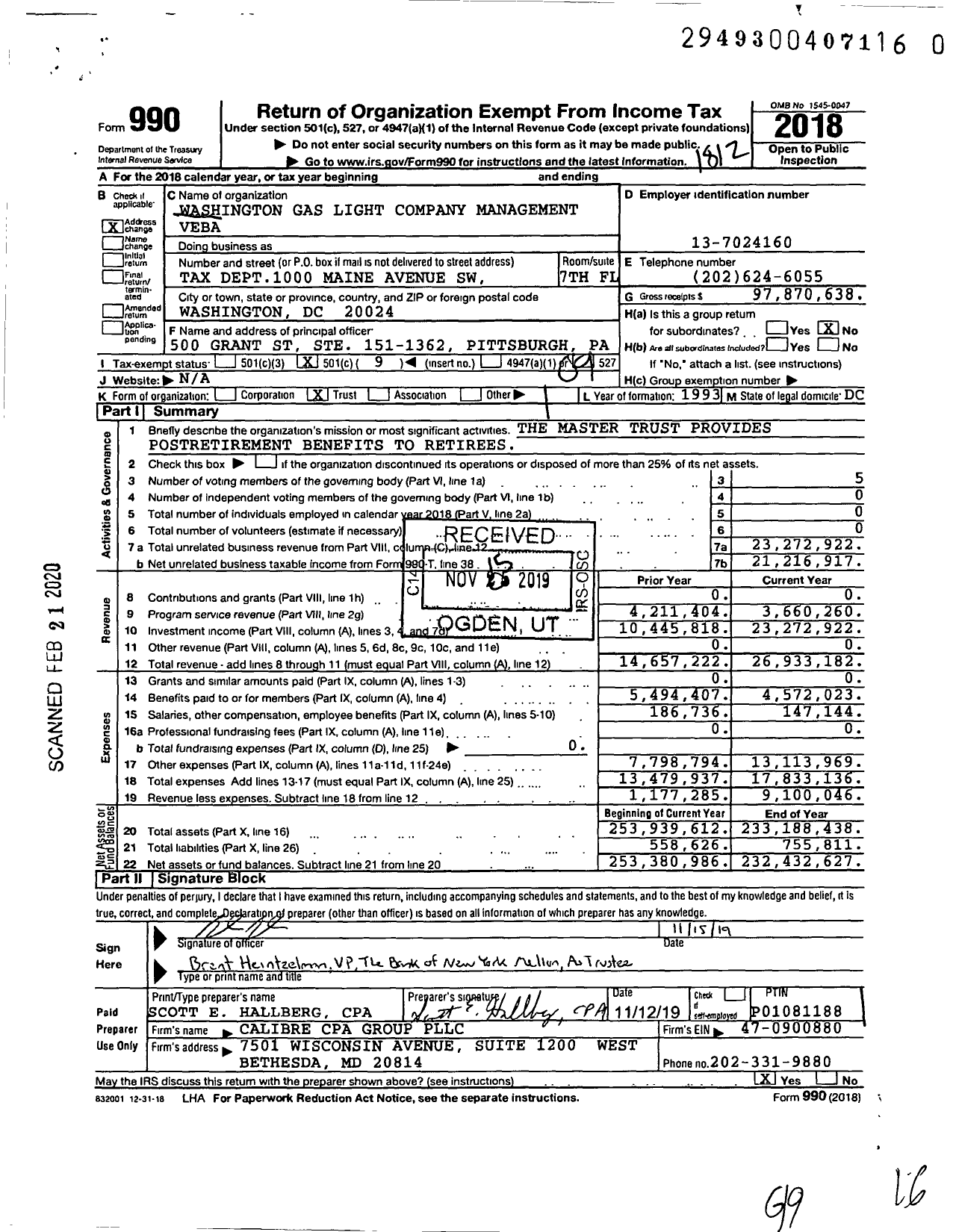 Image of first page of 2018 Form 990O for Washington Gas Light Company Management Veba
