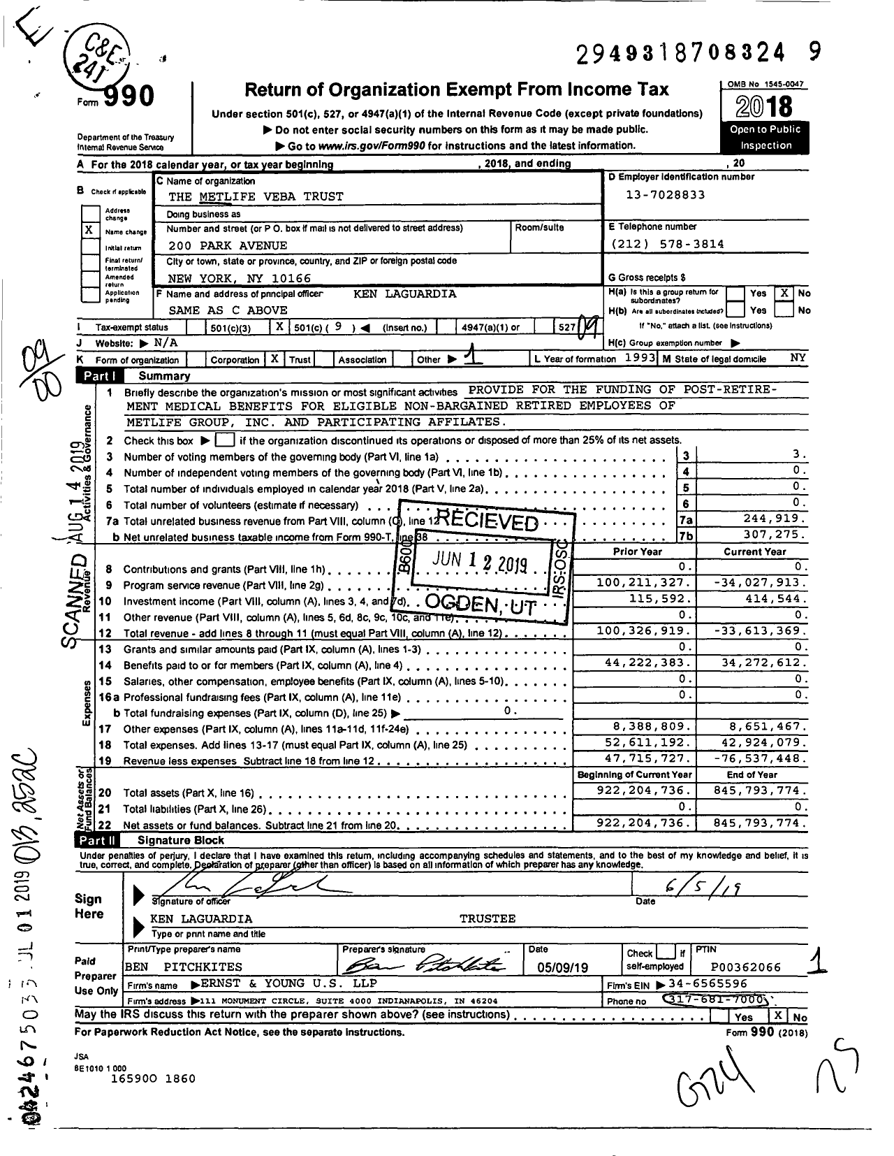 Image of first page of 2018 Form 990O for The MetLife VEBA Trust
