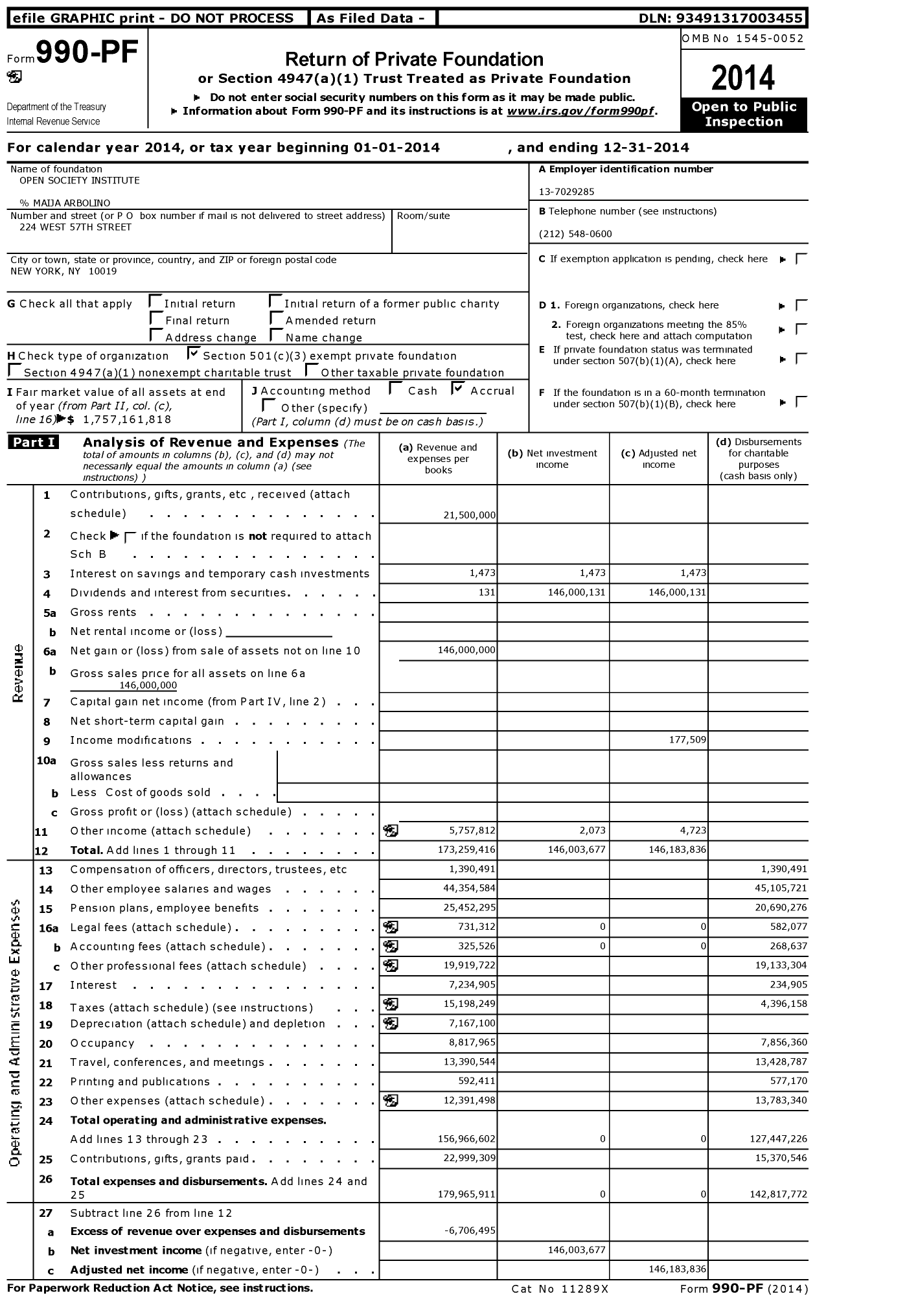 Image of first page of 2014 Form 990PF for Open Society Foundation