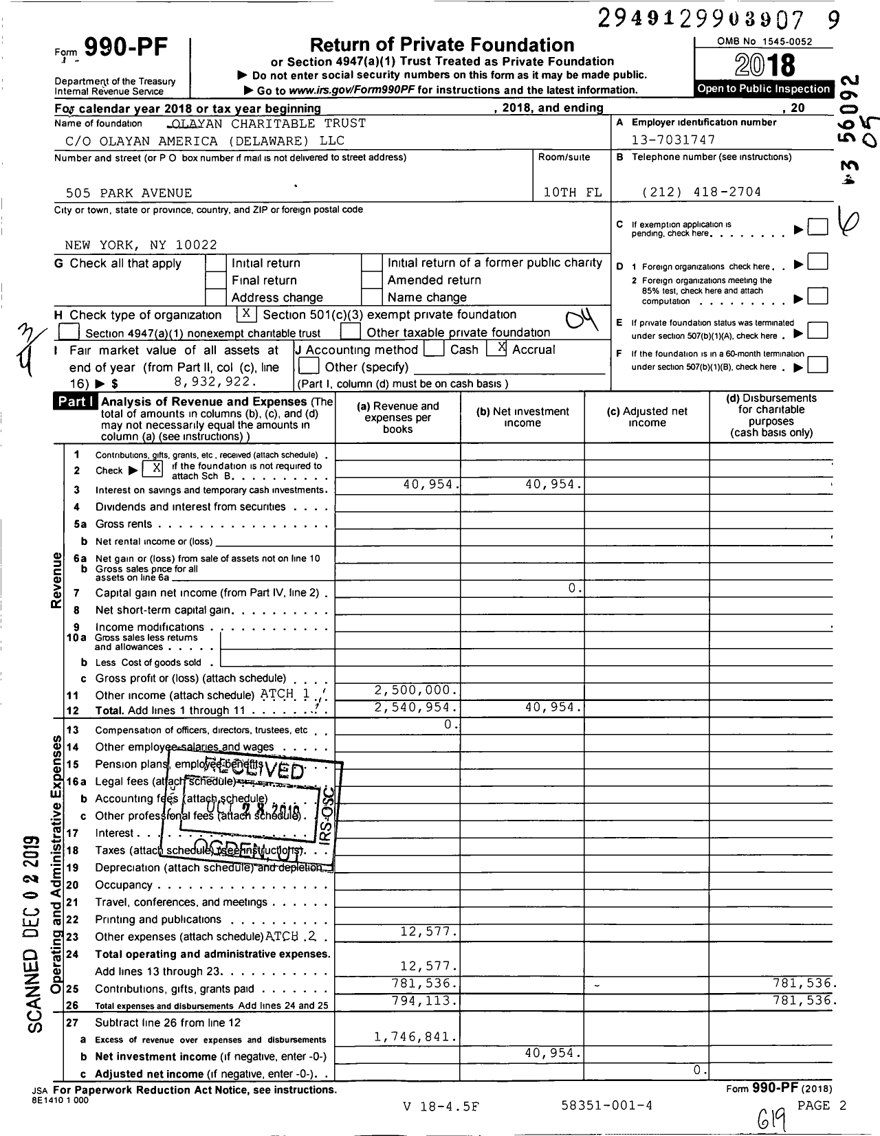 Image of first page of 2018 Form 990PF for Olayan Charitable Trust