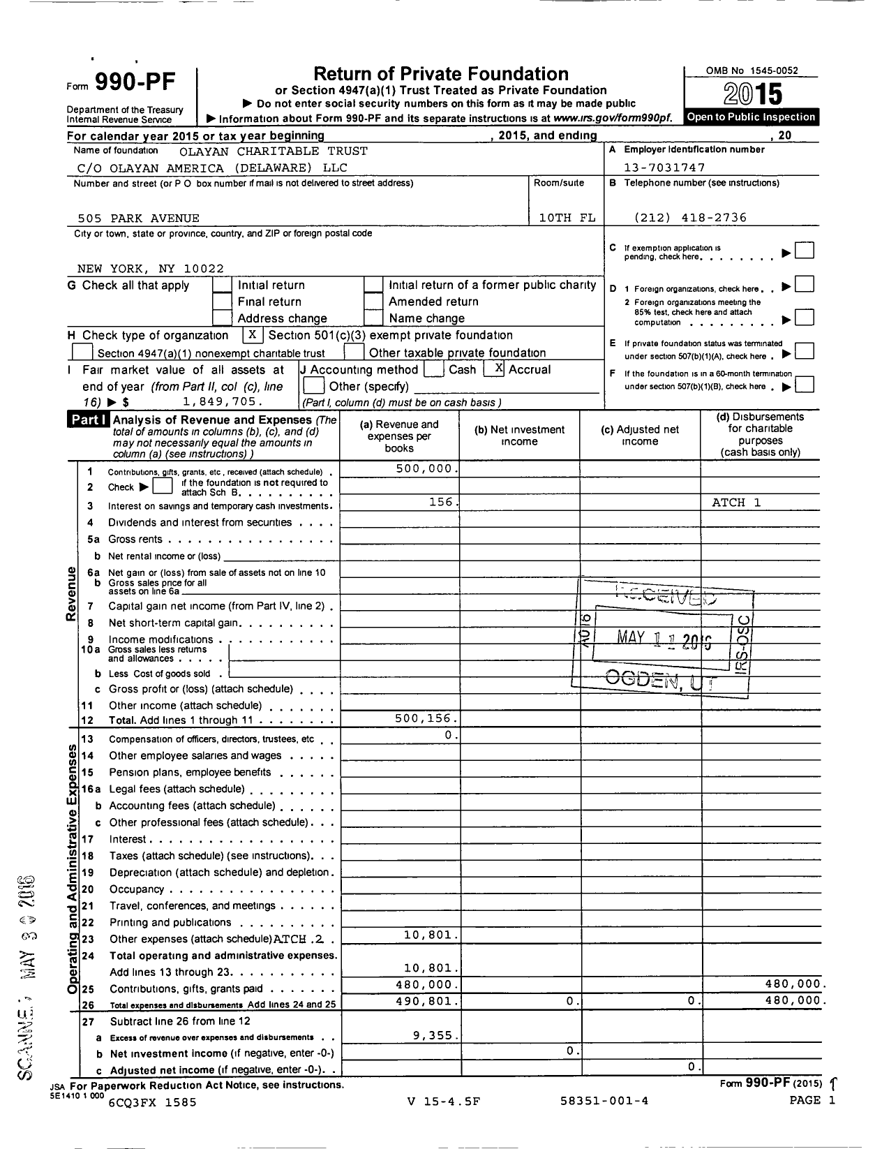 Image of first page of 2015 Form 990PF for Olayan Charitable Trust