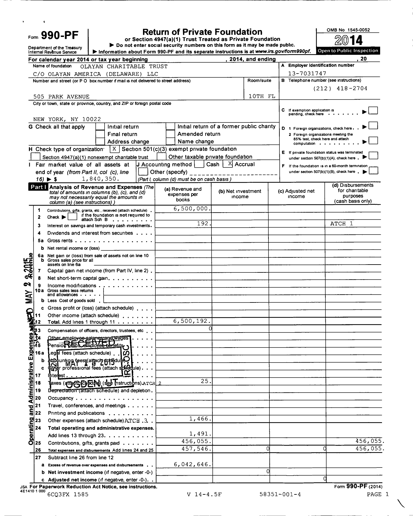 Image of first page of 2014 Form 990PF for Olayan Charitable Trust