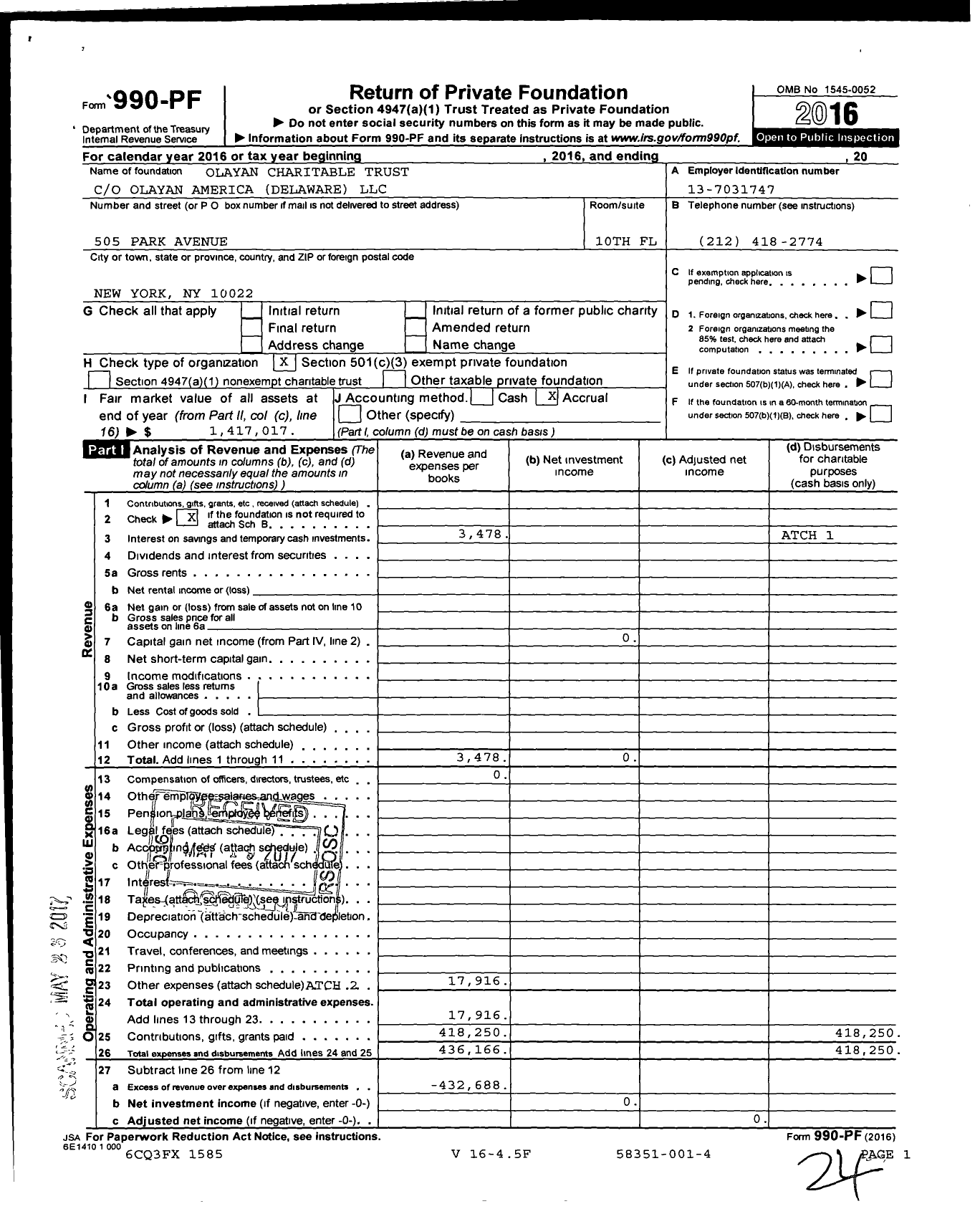 Image of first page of 2016 Form 990PF for Olayan Charitable Trust