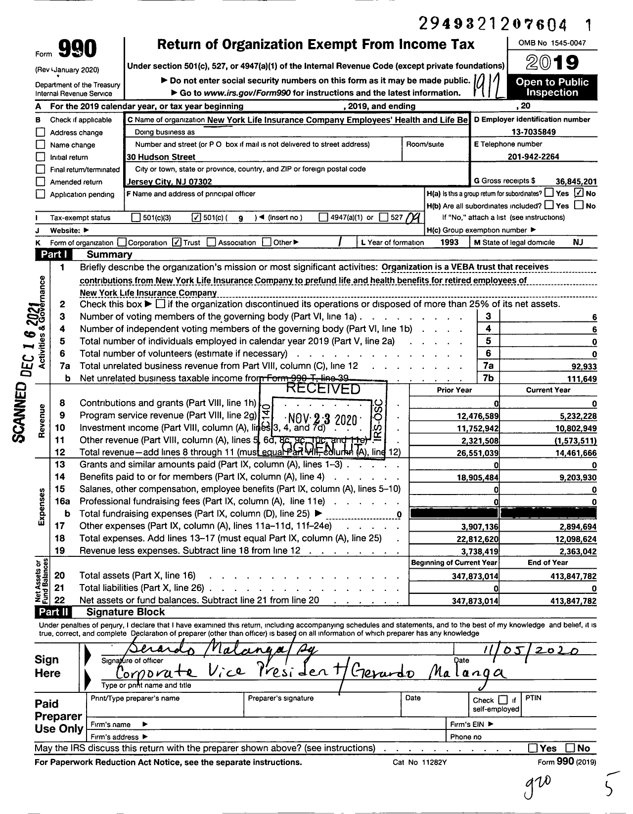 Image of first page of 2019 Form 990O for New York Life Insurance Company Employees' Health and Life Benefit Trust