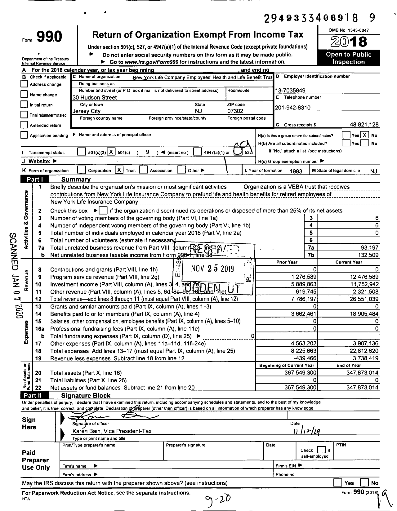 Image of first page of 2018 Form 990O for New York Life Insurance Company Employees' Health and Life Benefit Trust