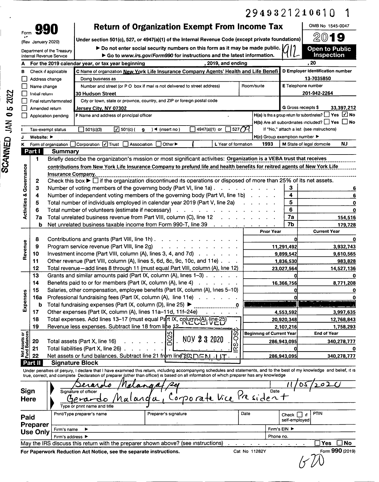 Image of first page of 2019 Form 990O for New York Life Insurance Company Agents' Health and Life Benefit Trust