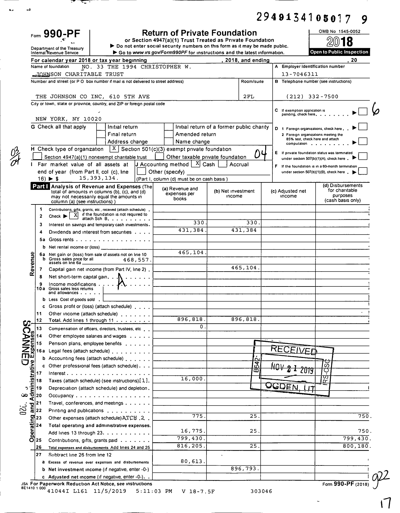 Image of first page of 2018 Form 990PF for No 33 The 1994 Christopher W Johnson Charitable Trust