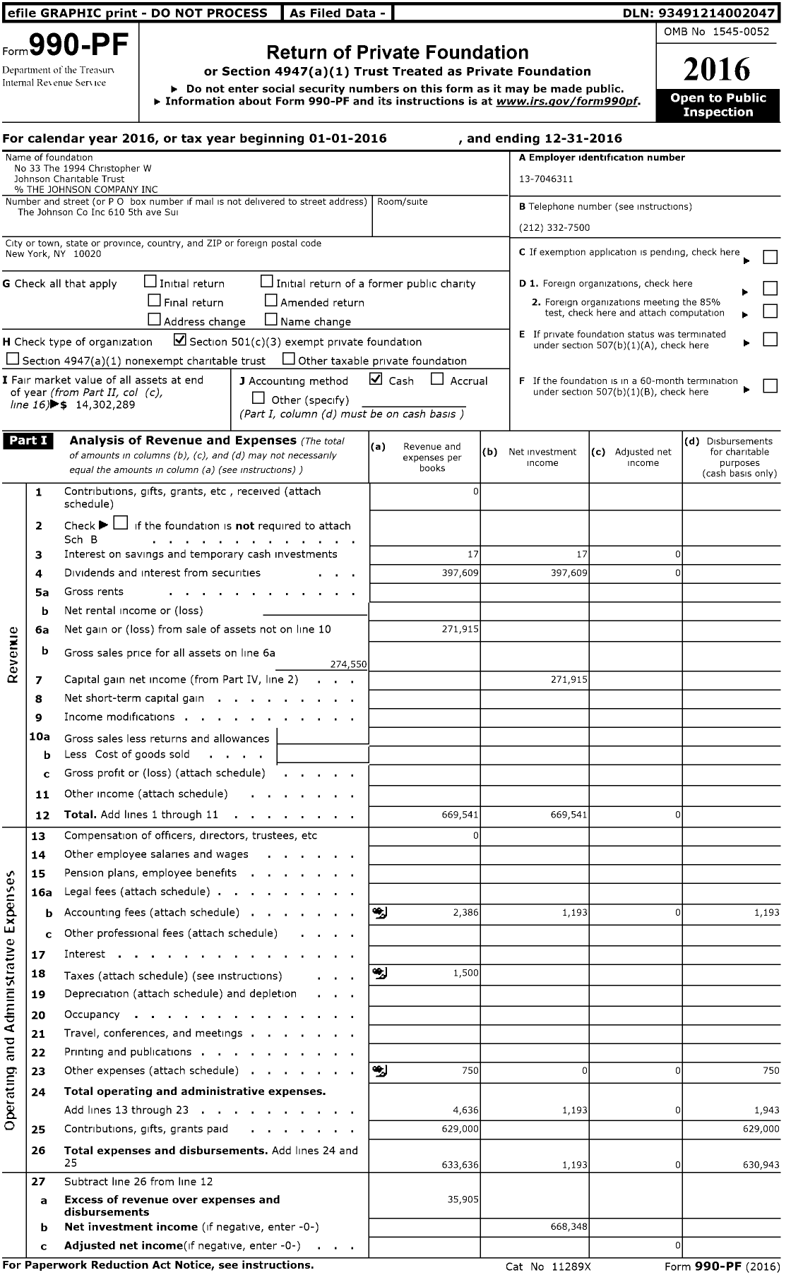 Image of first page of 2016 Form 990PF for No 33 The 1994 Christopher W Johnson Charitable Trust