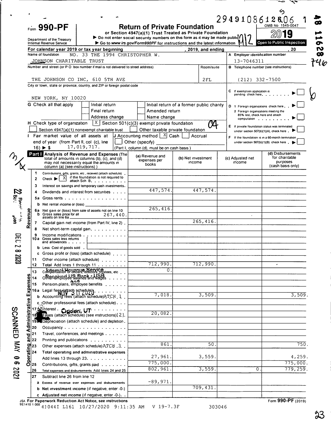 Image of first page of 2019 Form 990PF for No 33 The 1994 Christopher W Johnson Charitable Trust