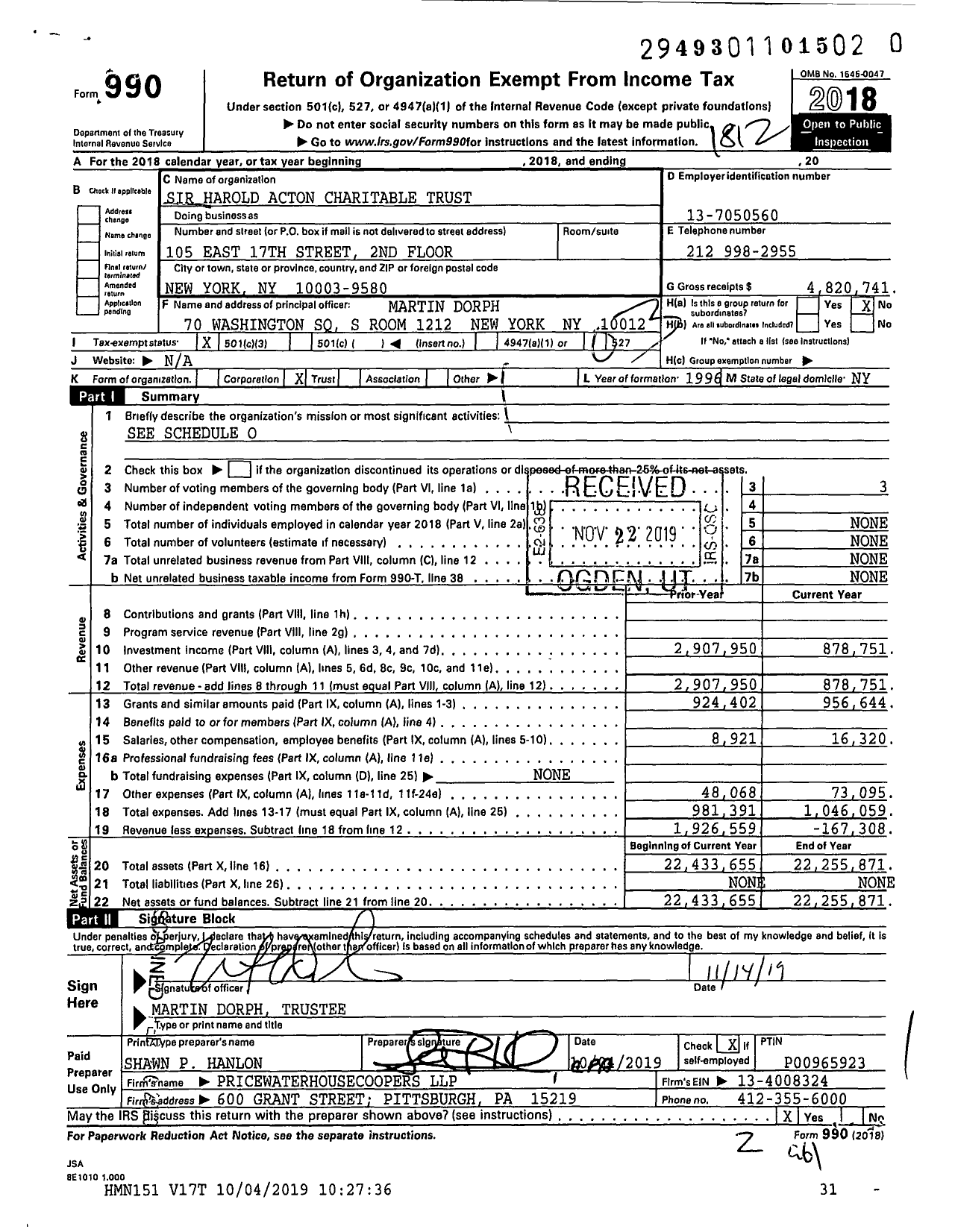 Image of first page of 2018 Form 990 for Sir Harold Acton Charitable Trust