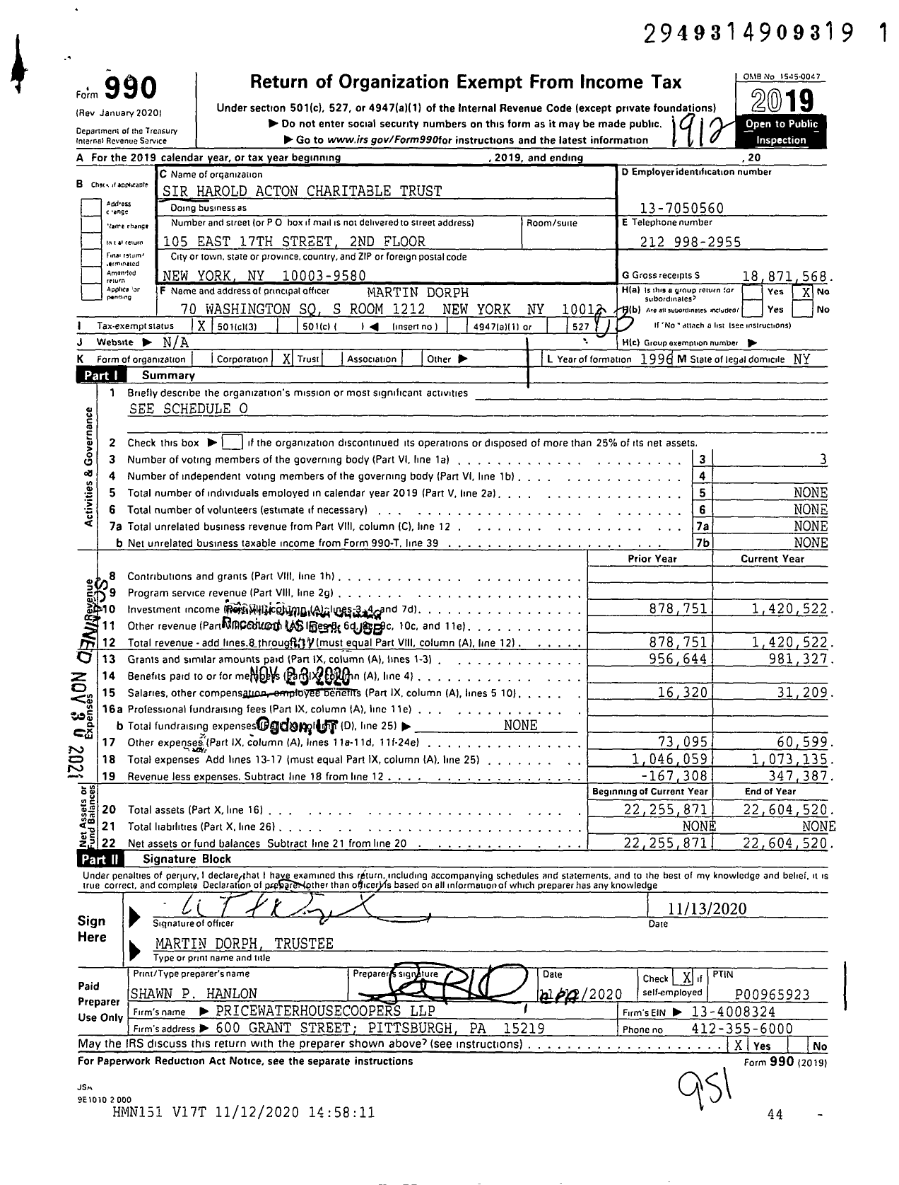 Image of first page of 2019 Form 990 for Sir Harold Acton Charitable Trust