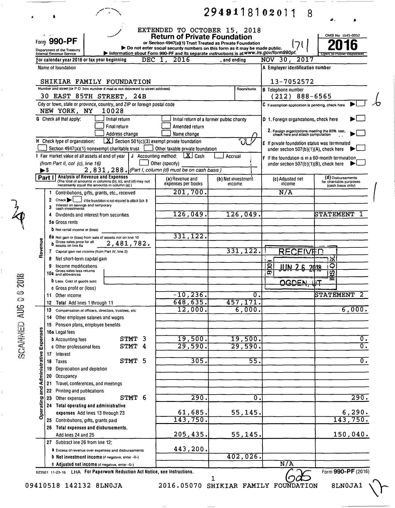 Image of first page of 2016 Form 990PF for Shikiar Family Foundation