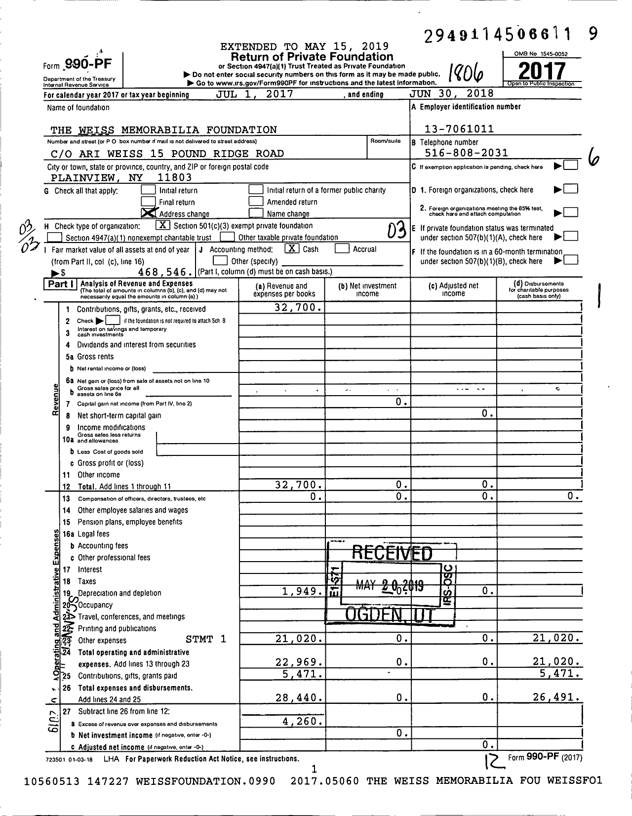 Image of first page of 2017 Form 990PF for Weiss Memorial Foundation Trust