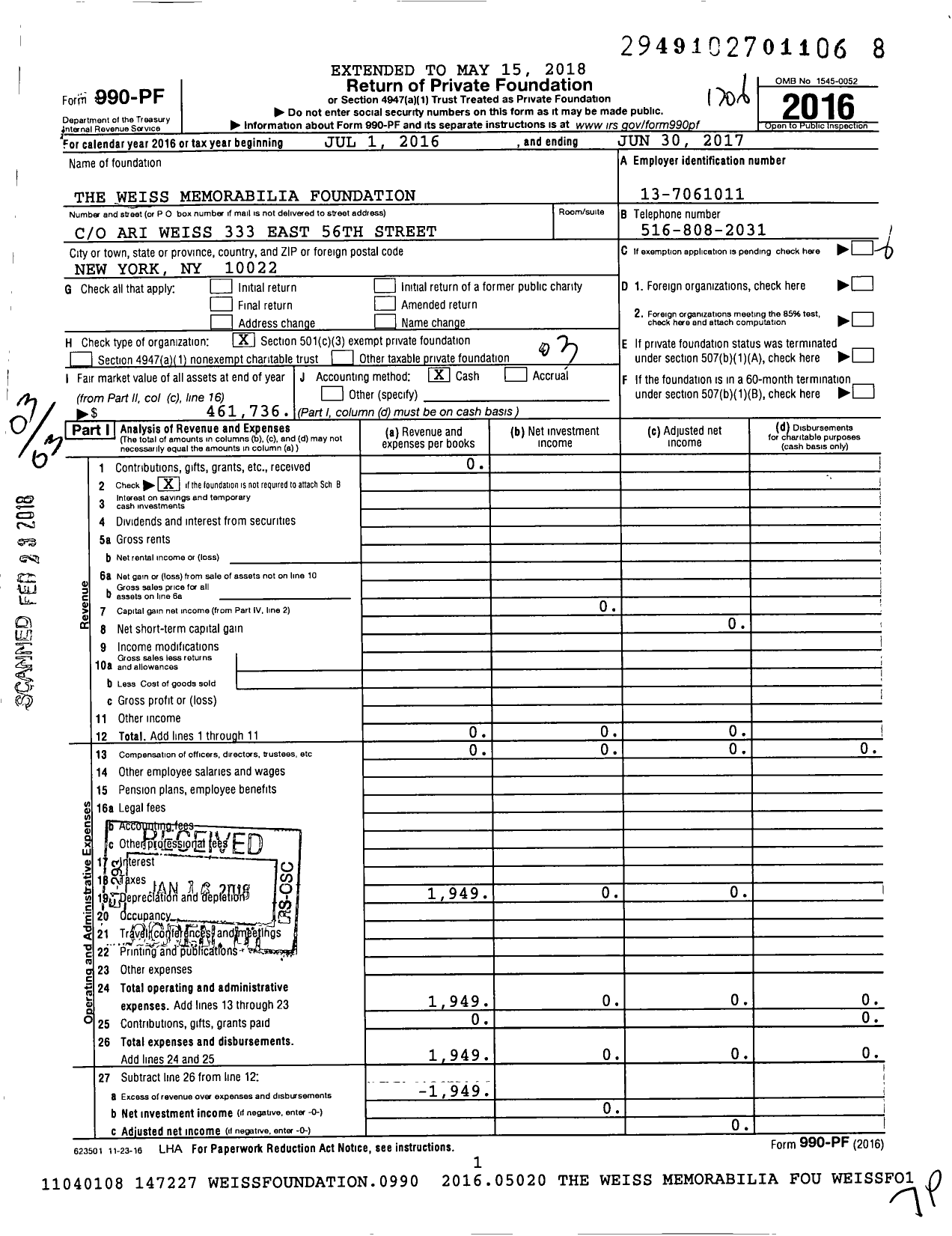 Image of first page of 2016 Form 990PF for Weiss Memorial Foundation Trust