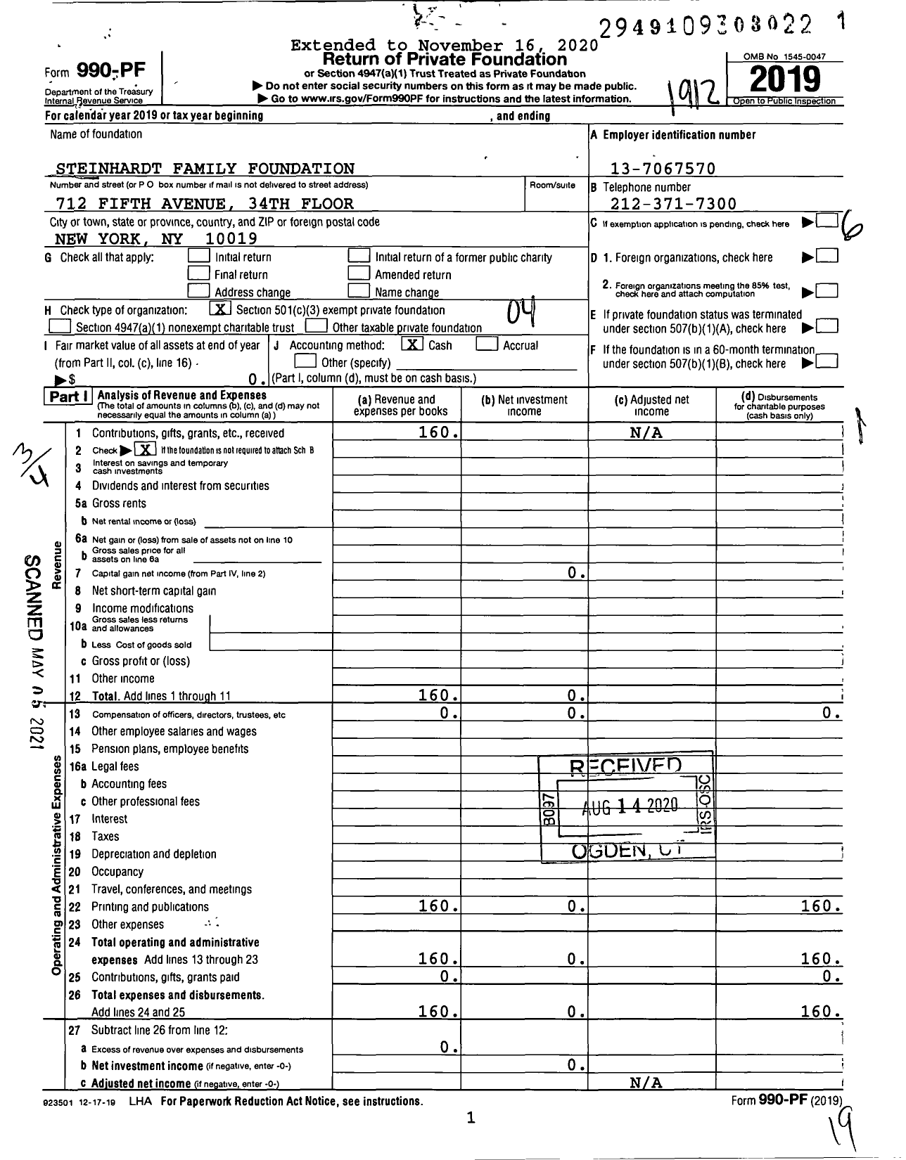 Image of first page of 2019 Form 990PF for Steinhardt Family Foundation