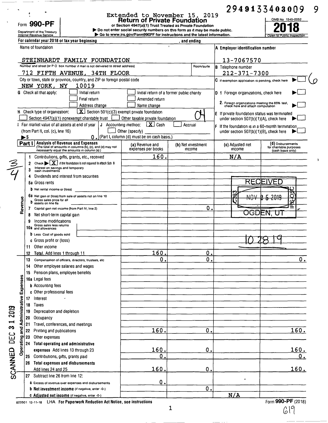 Image of first page of 2018 Form 990PF for Steinhardt Family Foundation