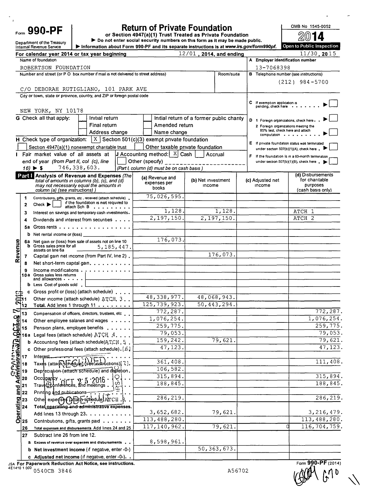 Image of first page of 2014 Form 990PF for Robertson Foundation