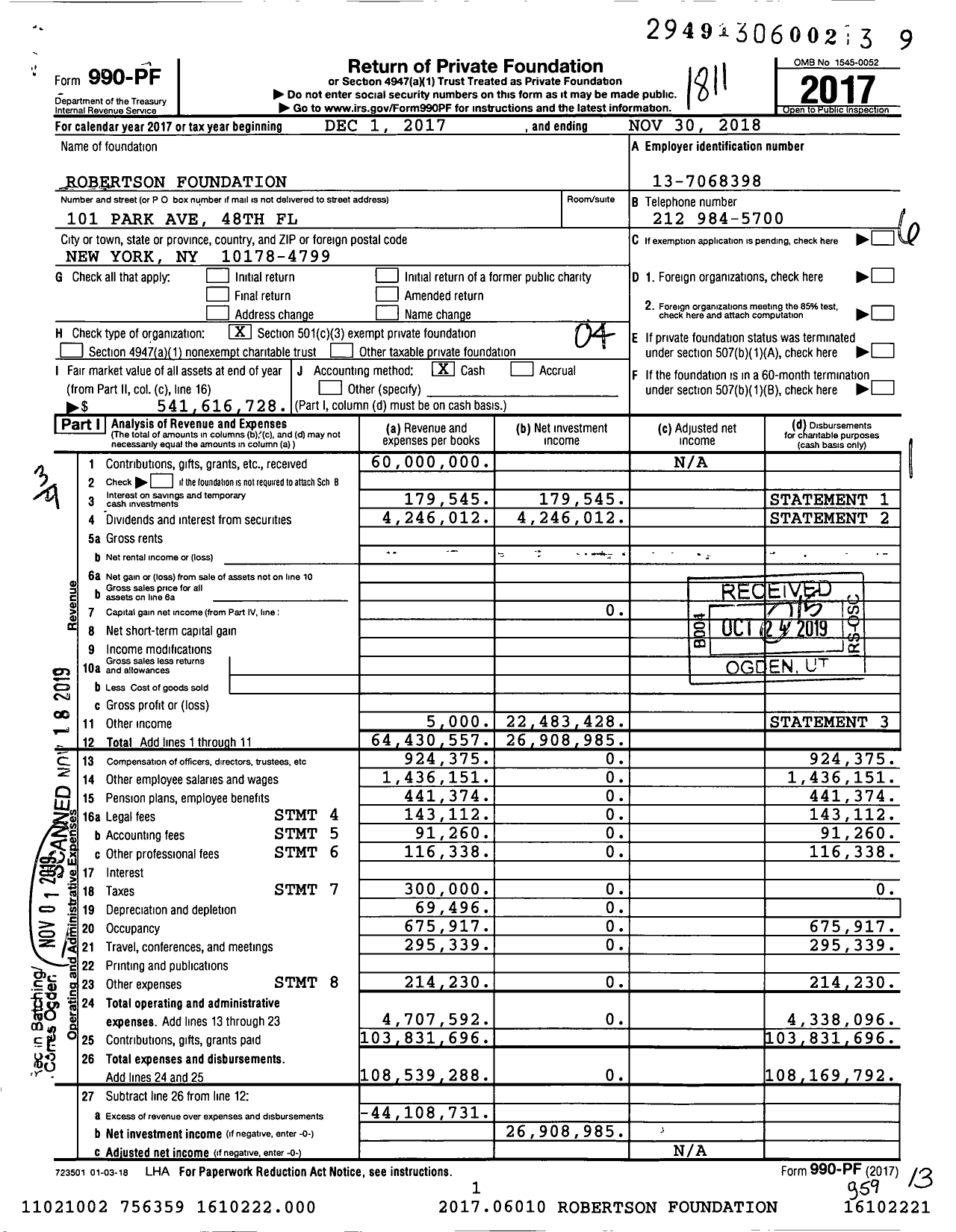 Image of first page of 2017 Form 990PF for Robertson Foundation