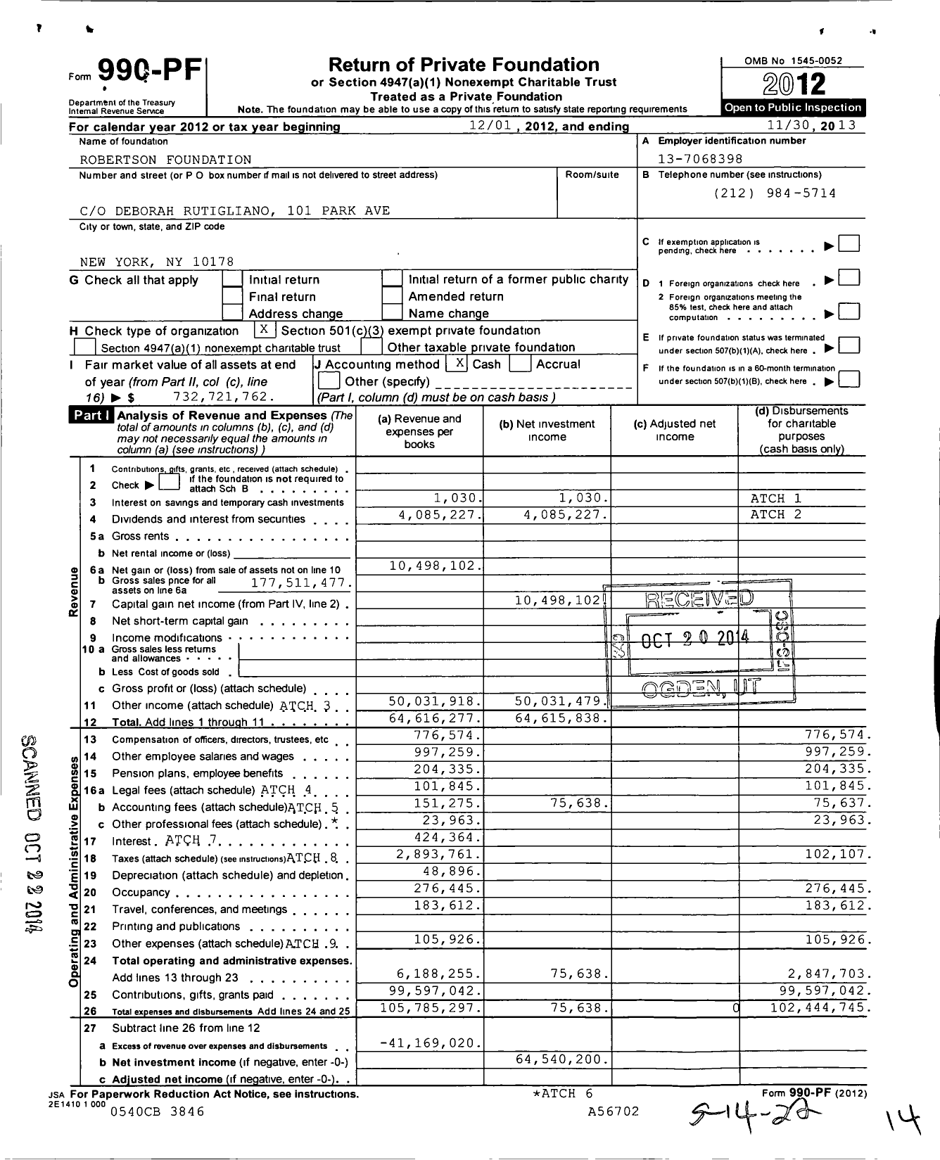 Image of first page of 2012 Form 990PF for Robertson Foundation