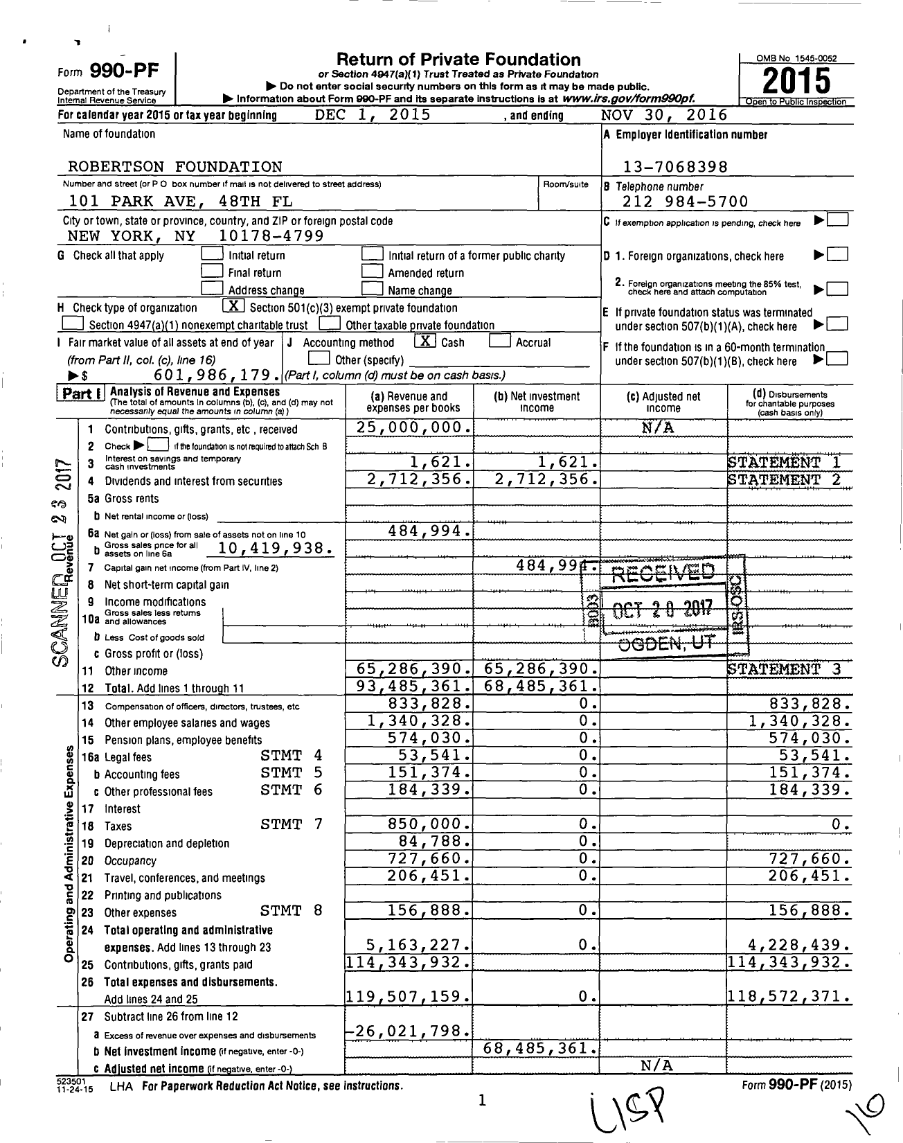 Image of first page of 2015 Form 990PF for Robertson Foundation