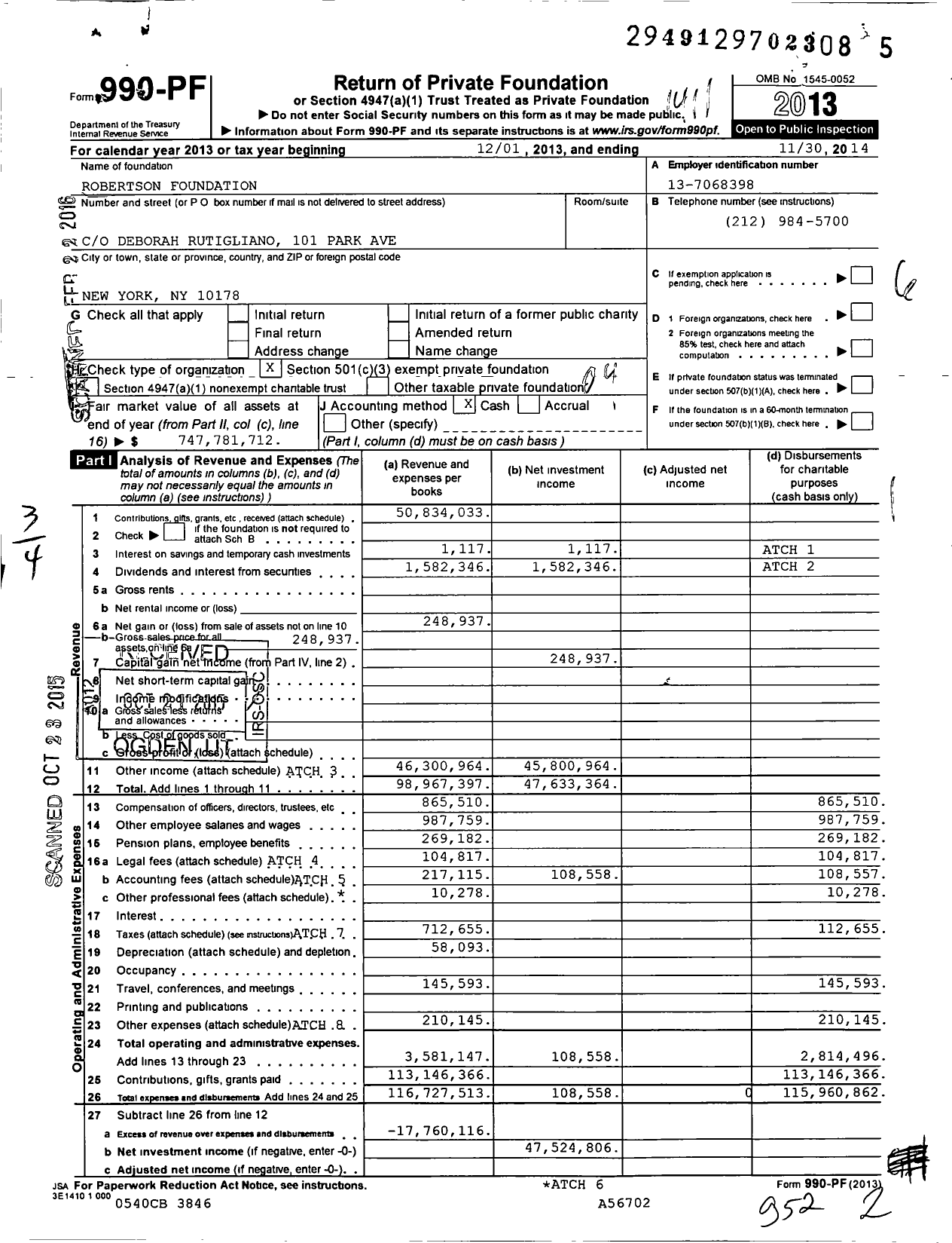 Image of first page of 2013 Form 990PF for Robertson Foundation