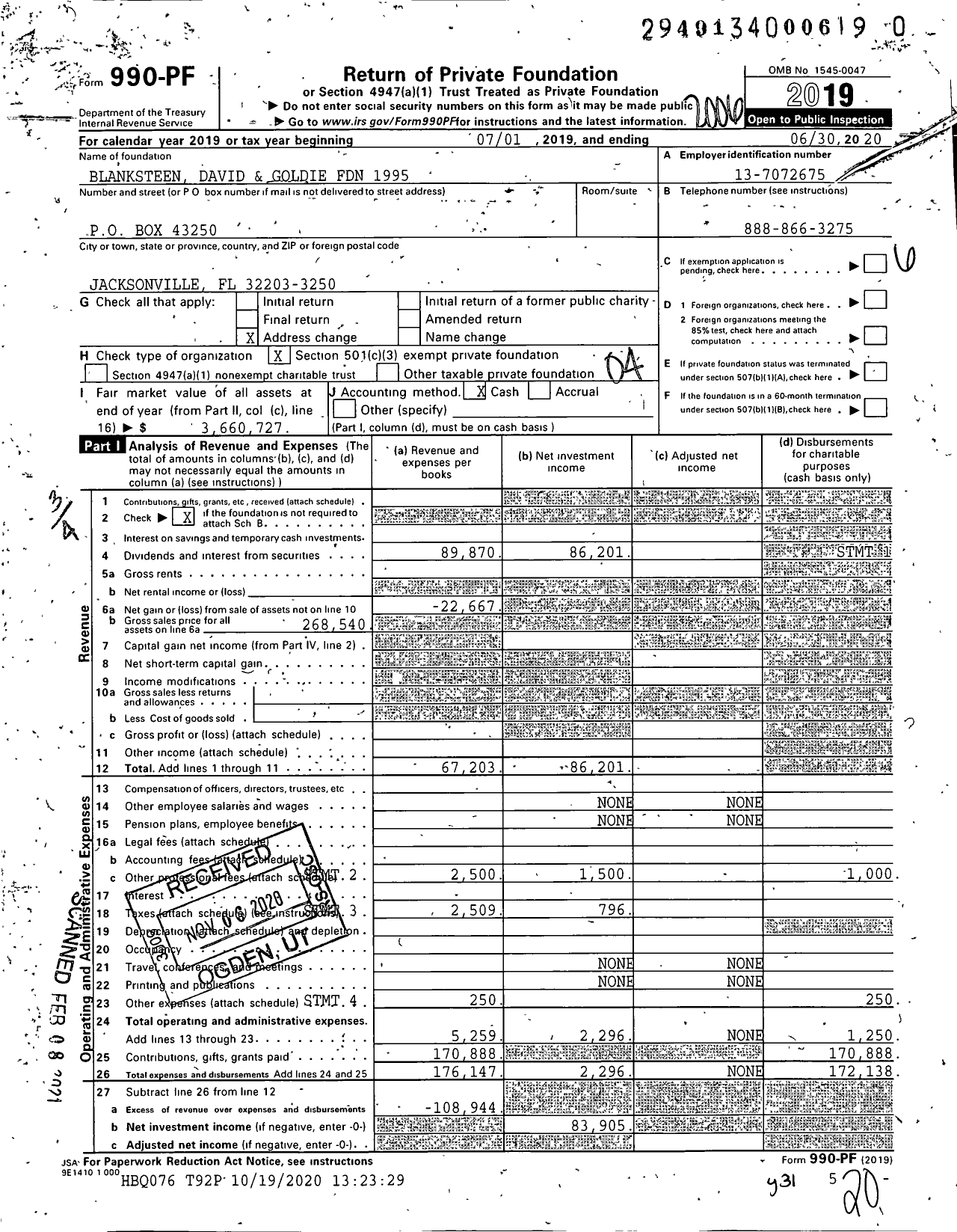 Image of first page of 2019 Form 990PF for Blanksteen David and Goldie FND 1995