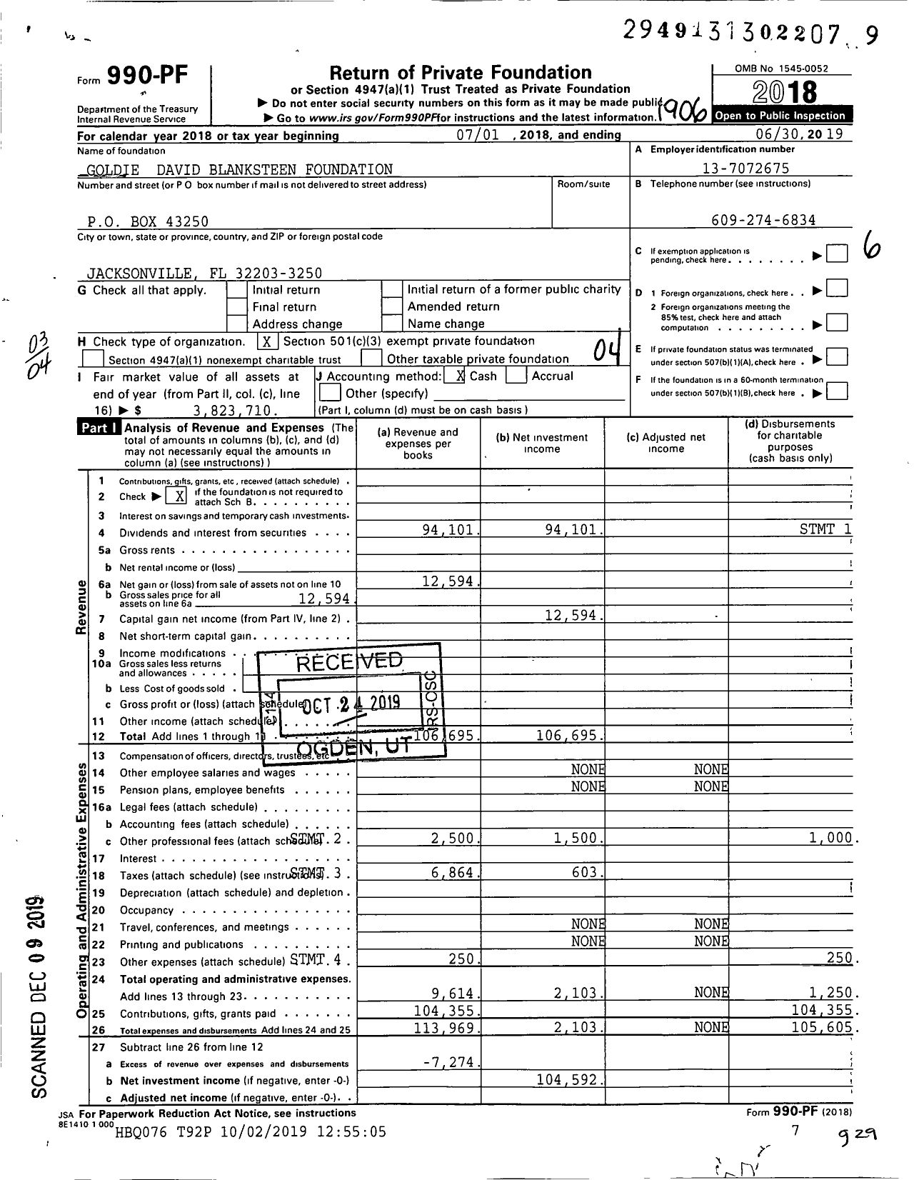 Image of first page of 2018 Form 990PF for Blanksteen David and Goldie FND 1995