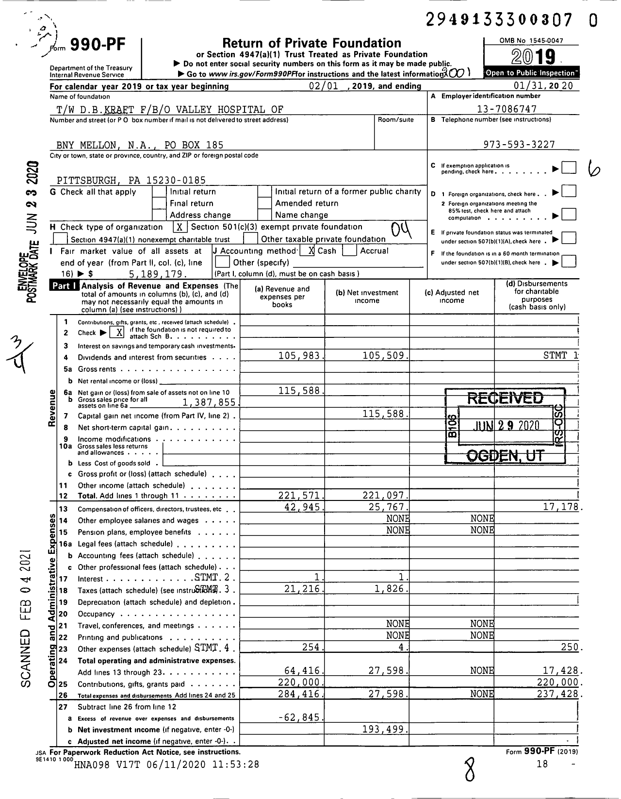 Image of first page of 2019 Form 990PF for TW Dbkraft Fbo Valley Hospital of