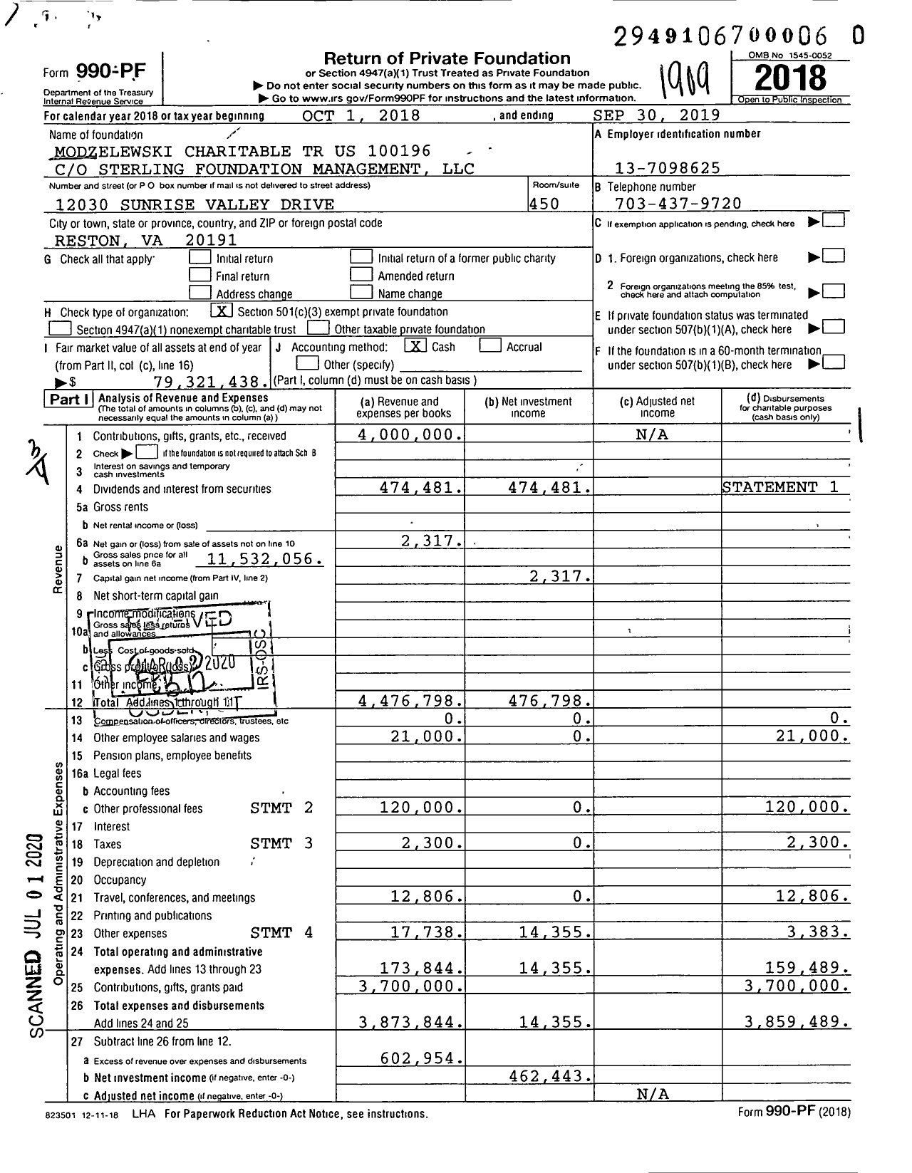 Image of first page of 2018 Form 990PR for Modzelewski Charitable Trust US