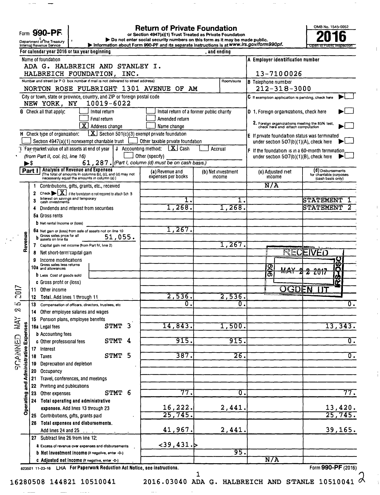 Image of first page of 2016 Form 990PF for Ada G Halbreich and Stanley I Halbreich Foundation