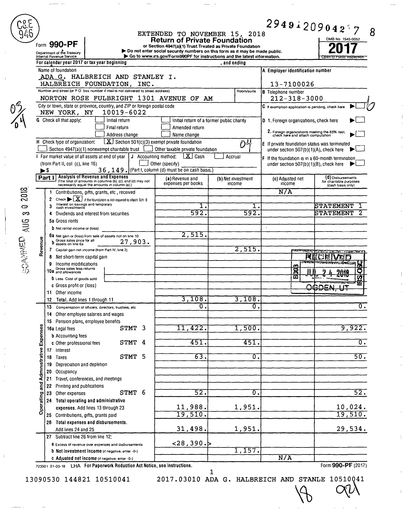 Image of first page of 2017 Form 990PF for Ada G Halbreich and Stanley I Halbreich Foundation