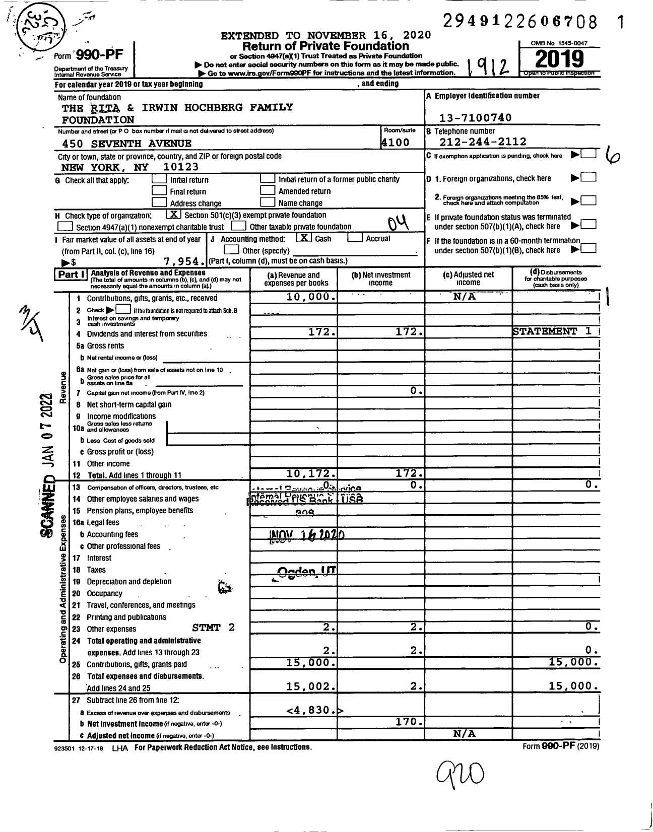 Image of first page of 2019 Form 990PF for The Rita and Irwin Hochberg Family Foundation