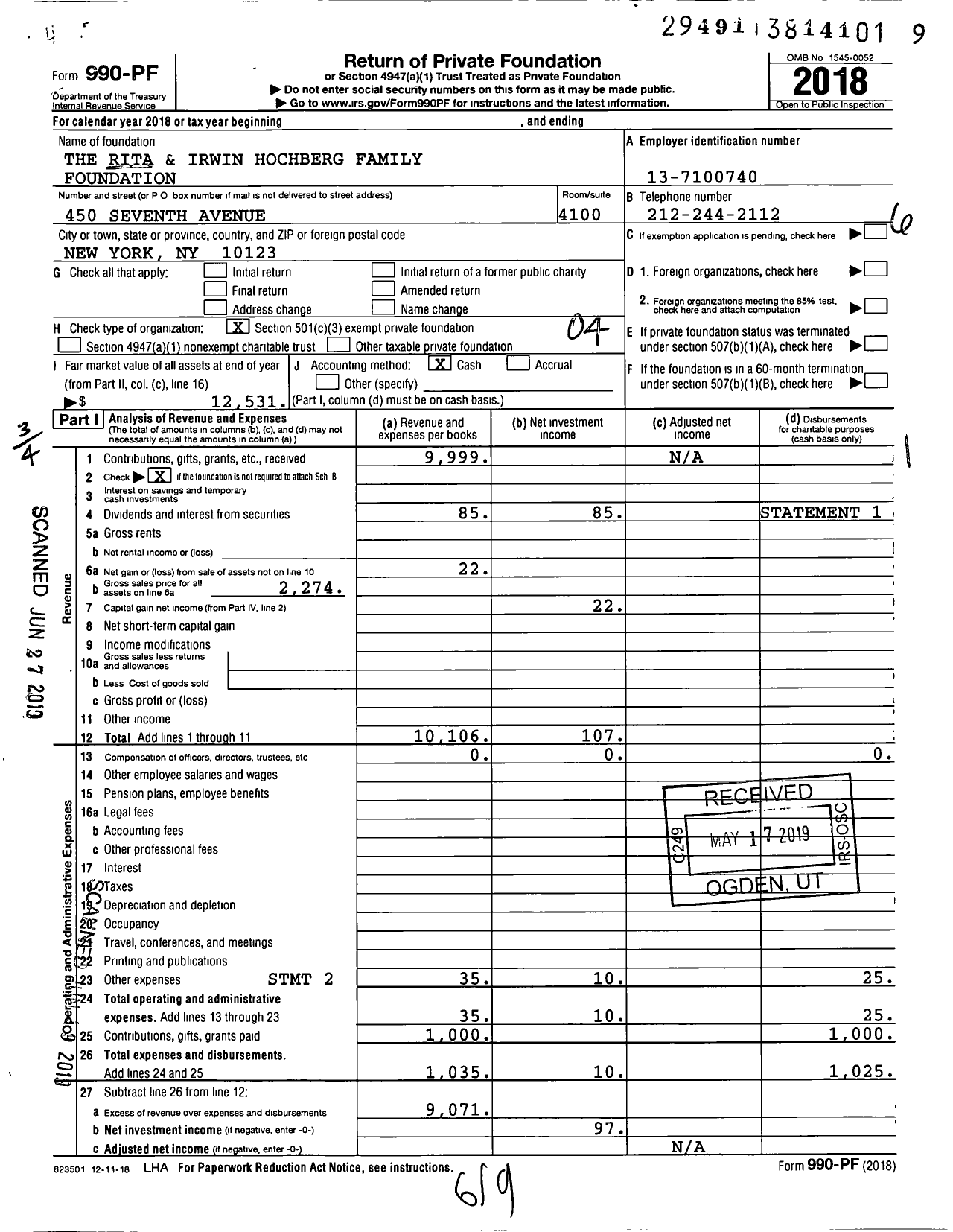 Image of first page of 2018 Form 990PF for The Rita and Irwin Hochberg Family Foundation