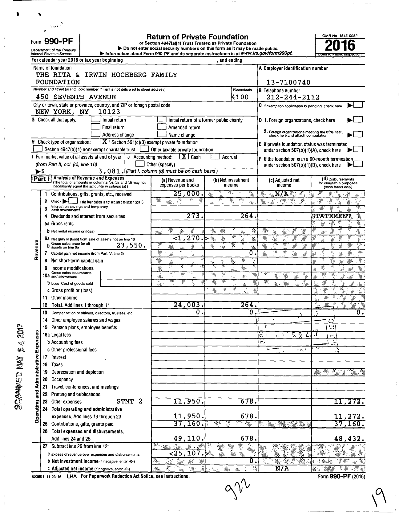 Image of first page of 2016 Form 990PF for The Rita and Irwin Hochberg Family Foundation