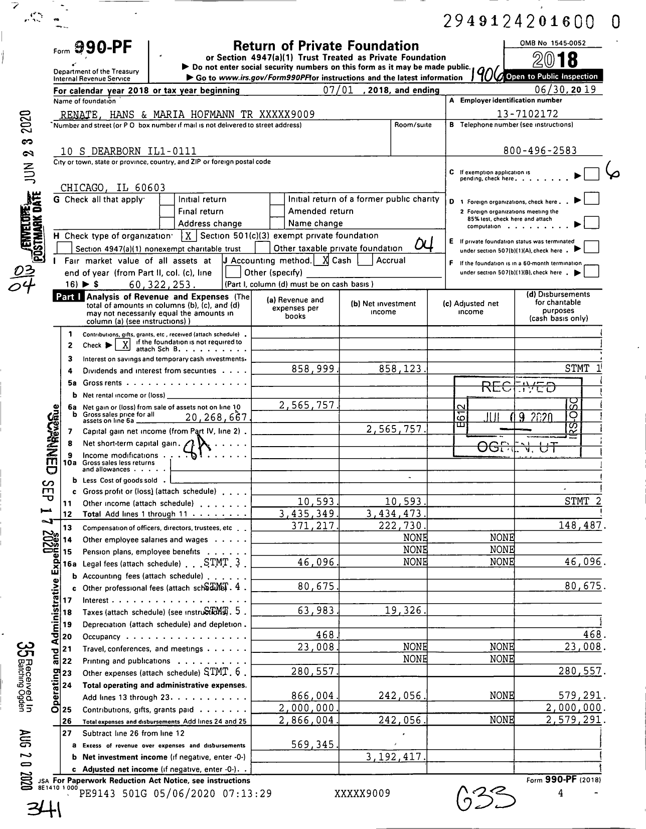 Image of first page of 2018 Form 990PR for Renate Hans and Maria Hofmann Trust