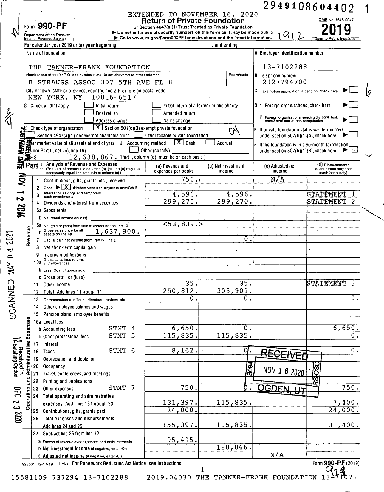 Image of first page of 2019 Form 990PF for The Tanner-Frank Foundation