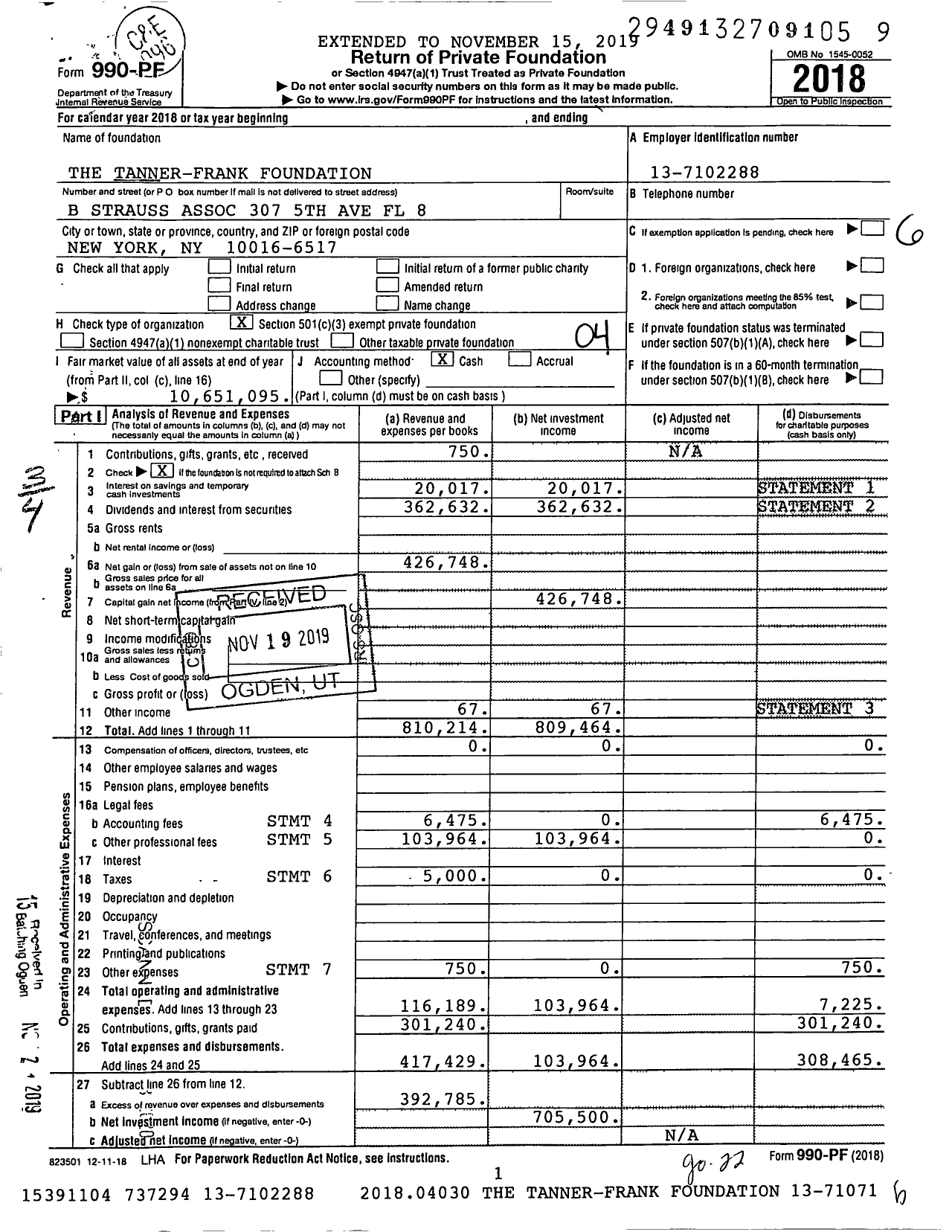 Image of first page of 2018 Form 990PF for The Tanner-Frank Foundation