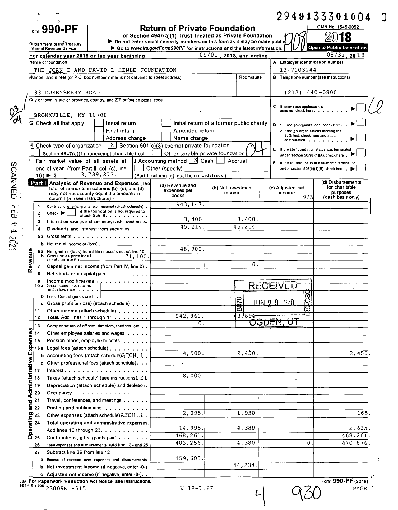 Image of first page of 2018 Form 990PF for The Joan C AND David L Henle Foundation