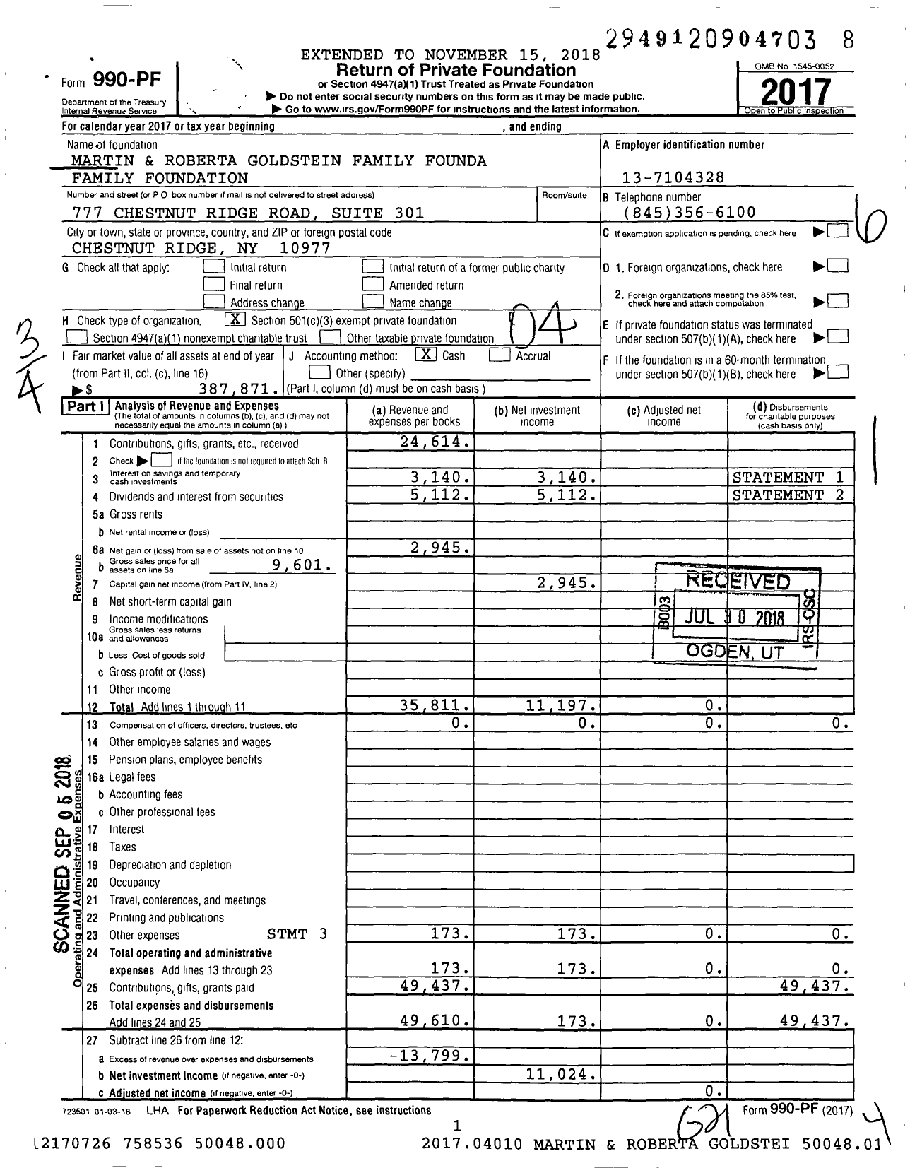 Image of first page of 2017 Form 990PF for Martin and Roberta Goldstein Family Foundation