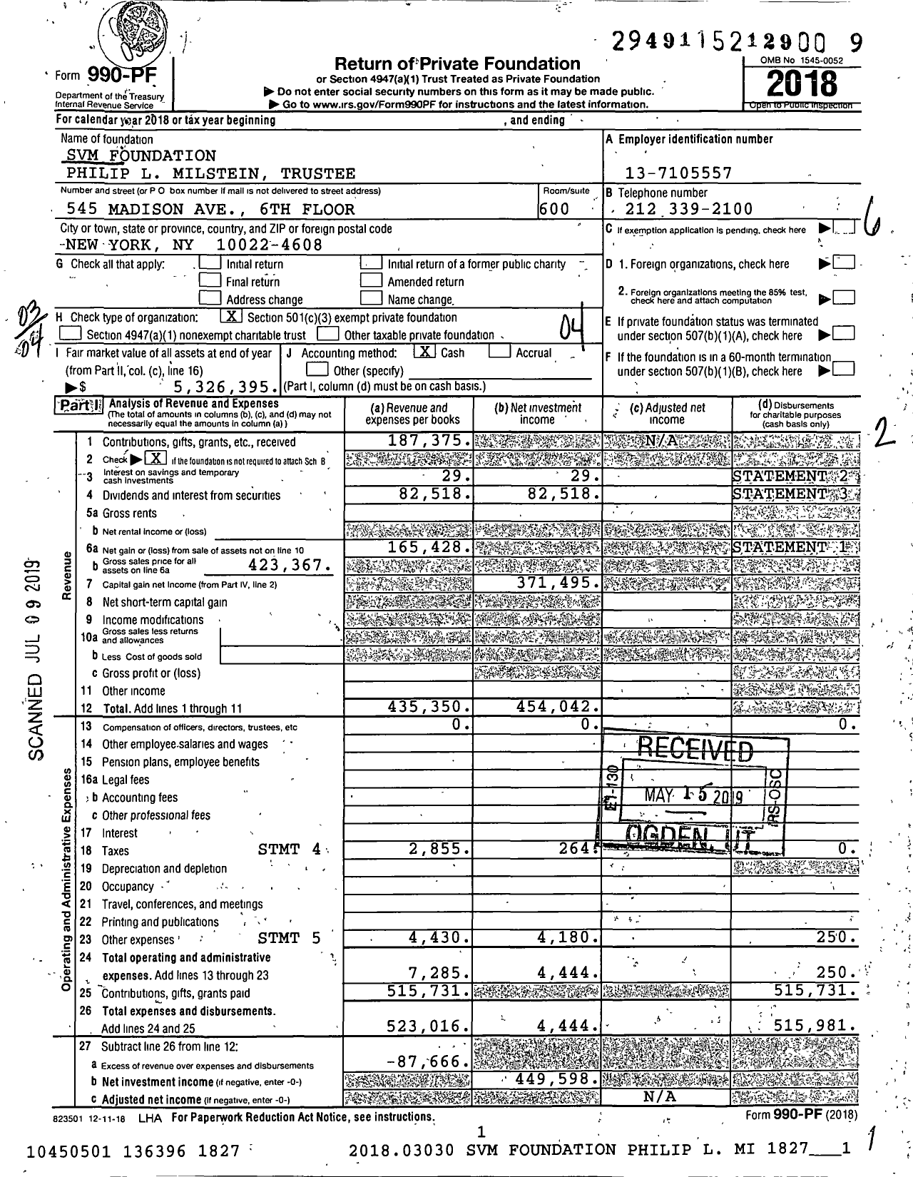 Image of first page of 2018 Form 990PF for SVM Foundation Philip L Milstein Trustee