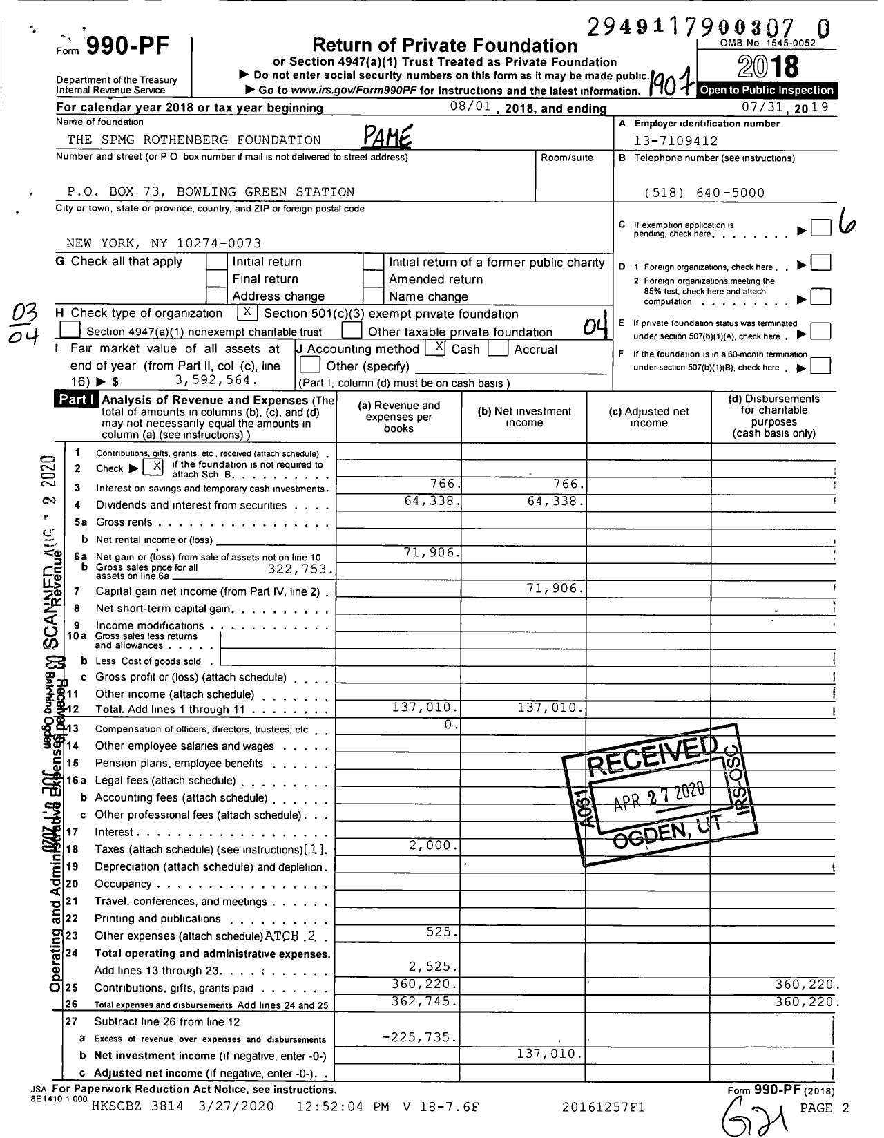 Image of first page of 2018 Form 990PR for The SPMG Rothenberg Foundation