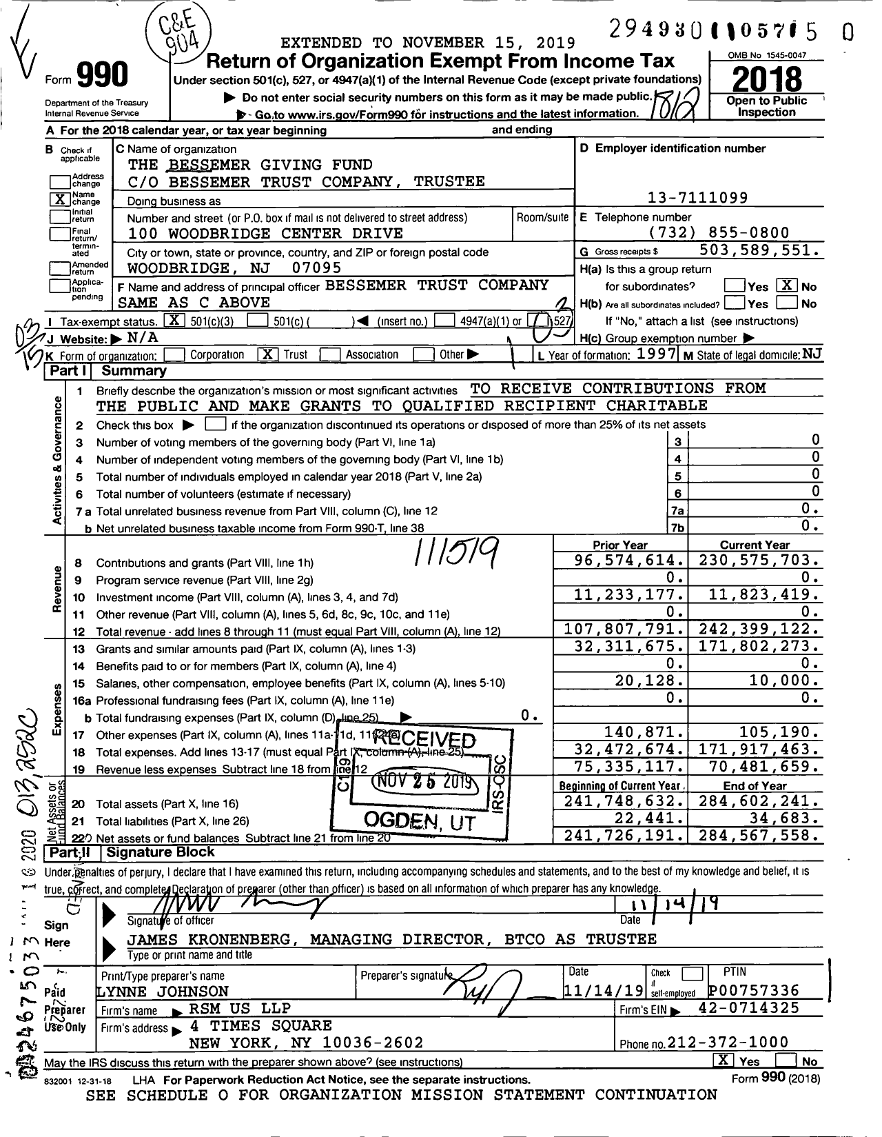 Image of first page of 2018 Form 990 for The Bessemer Giving Fund