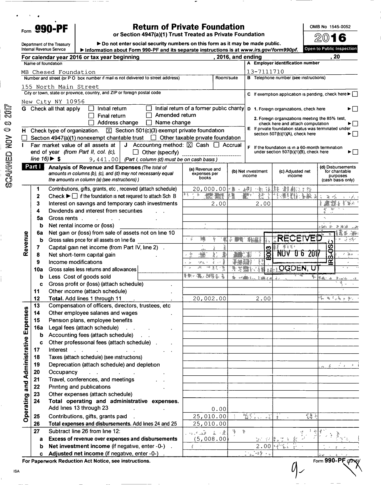 Image of first page of 2016 Form 990PF for MB Chesed Foundation