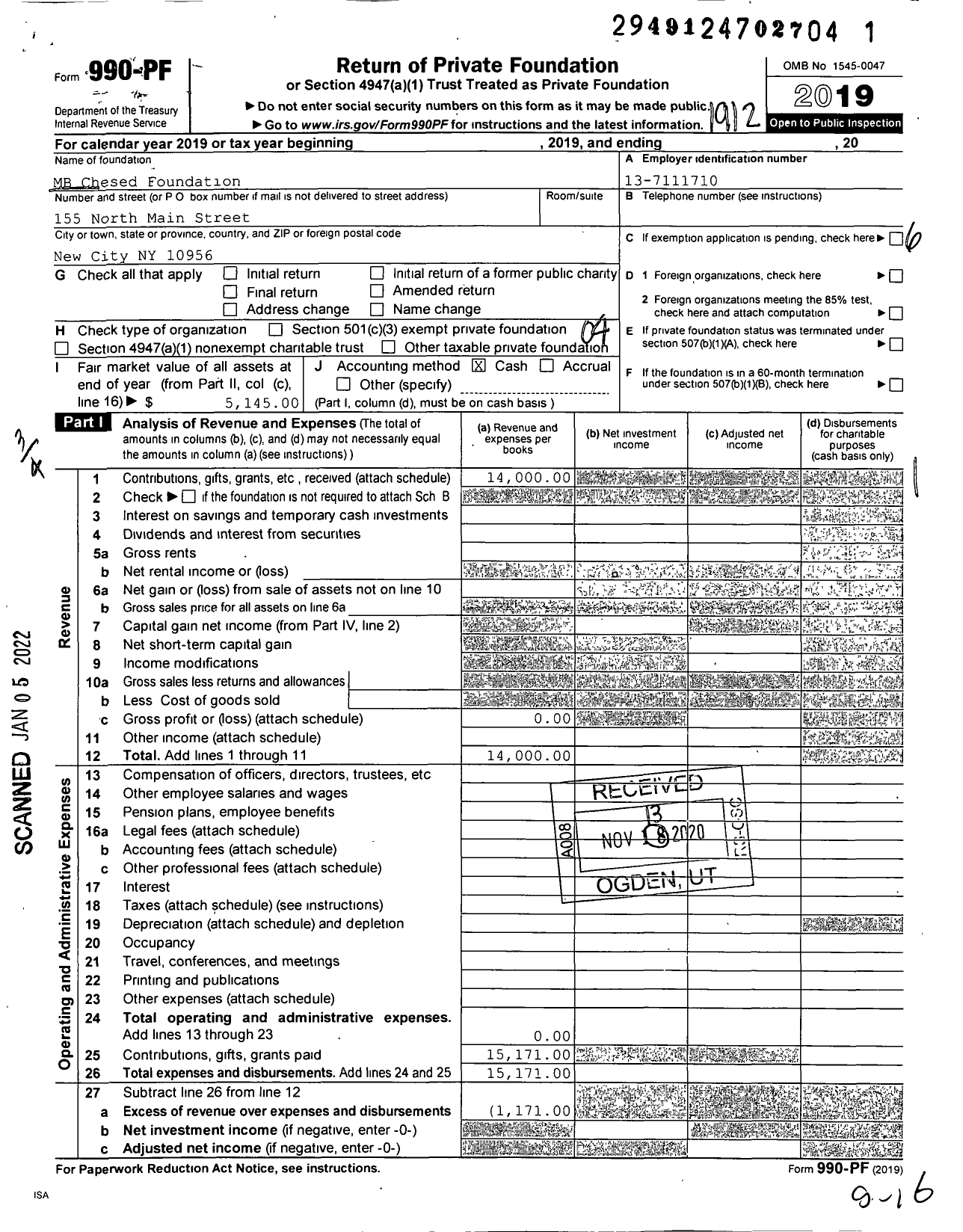 Image of first page of 2019 Form 990PF for MB Chesed Foundation